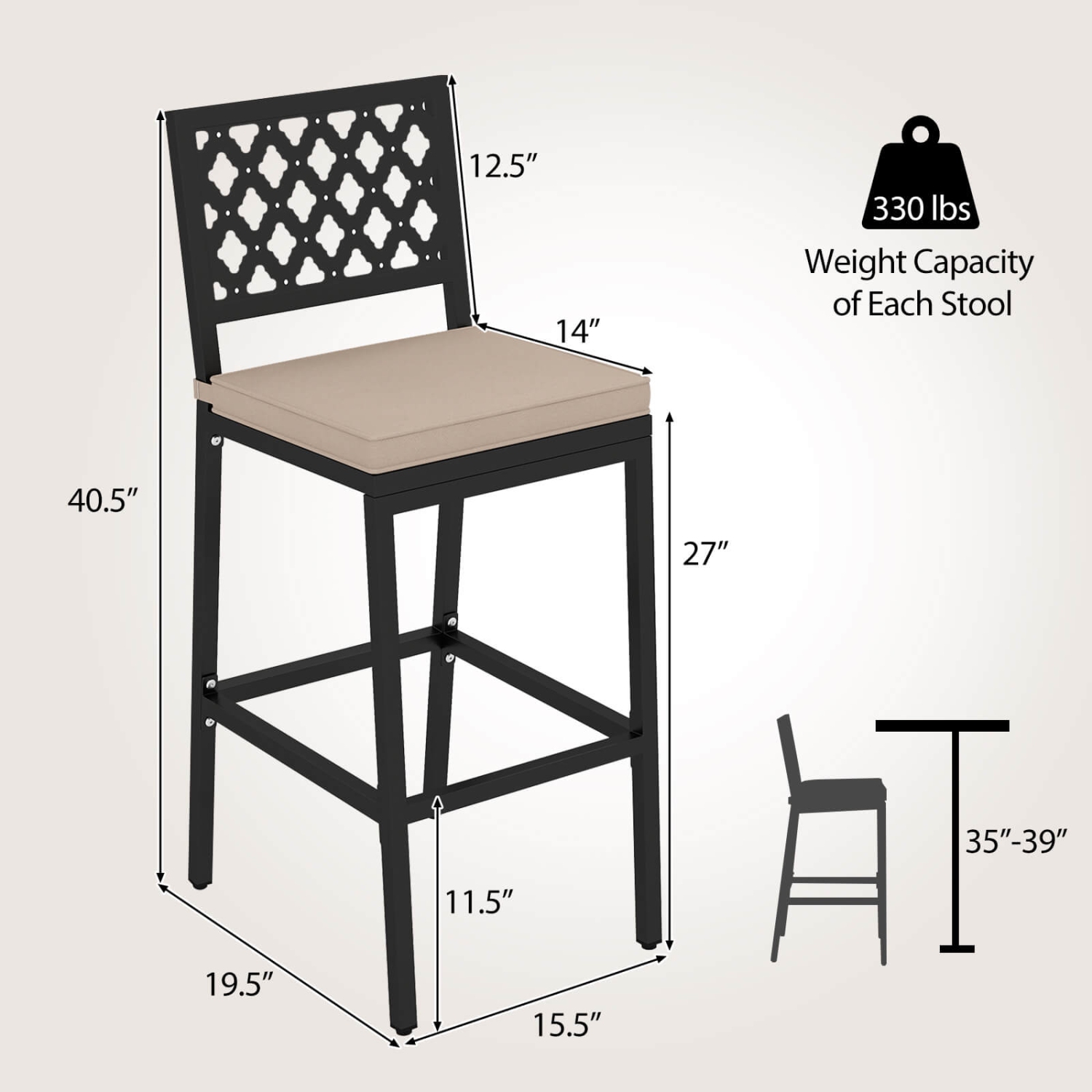 Costway Outdoor Bar Stools Set of 2 with Exquisite Backrests Humanized Footrests for Porch