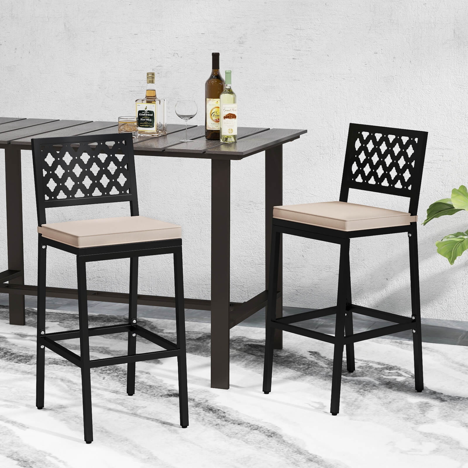 Costway Outdoor Bar Stools Set of 2 with Exquisite Backrests Humanized Footrests for Porch
