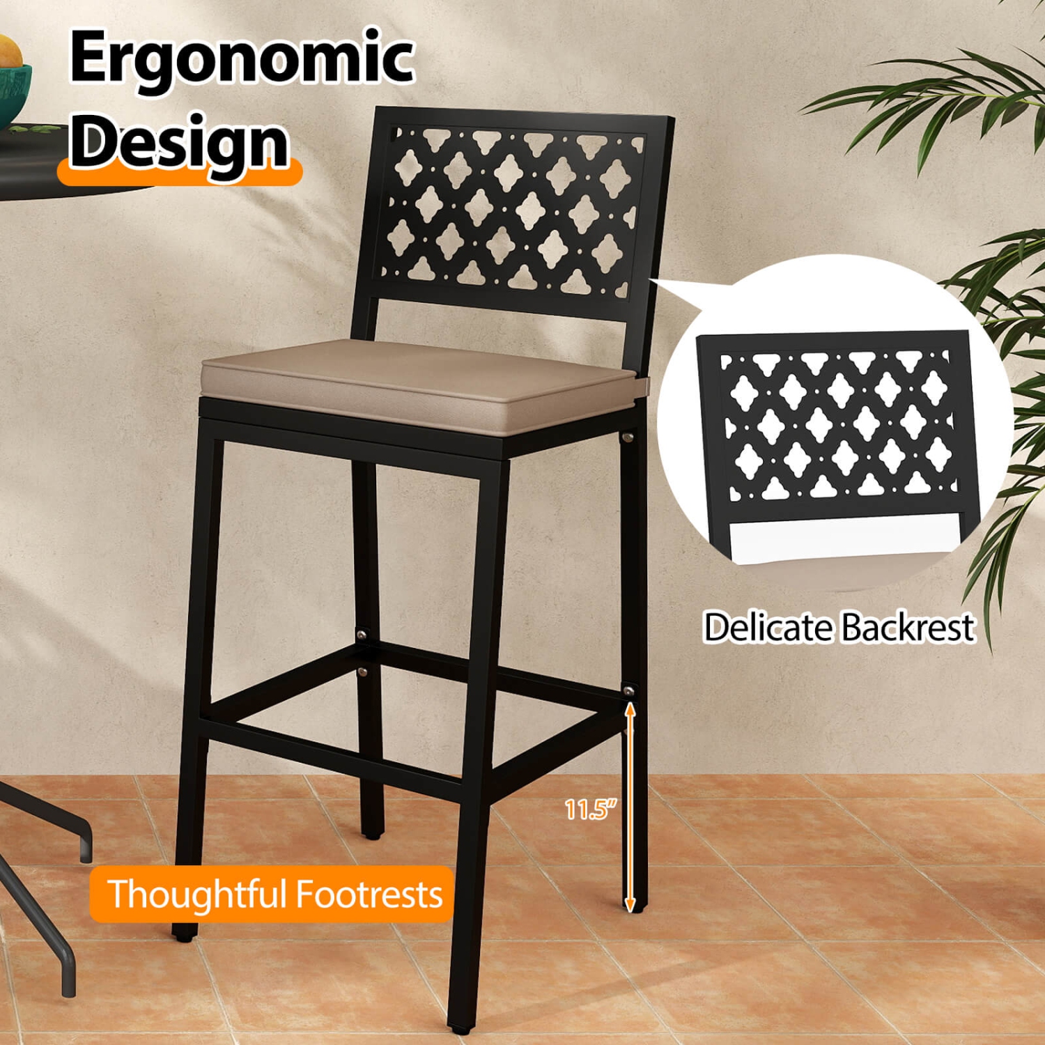 Costway Outdoor Bar Stools Set of 2 with Exquisite Backrests Humanized Footrests for Porch
