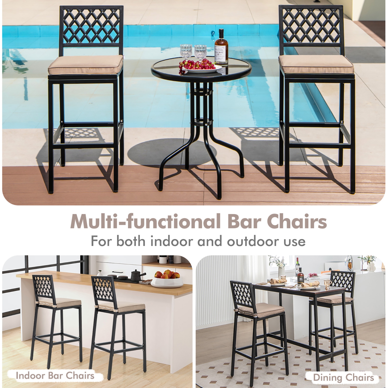 Costway Outdoor Bar Stools Set of 2 with Exquisite Backrests Humanized Footrests for Porch