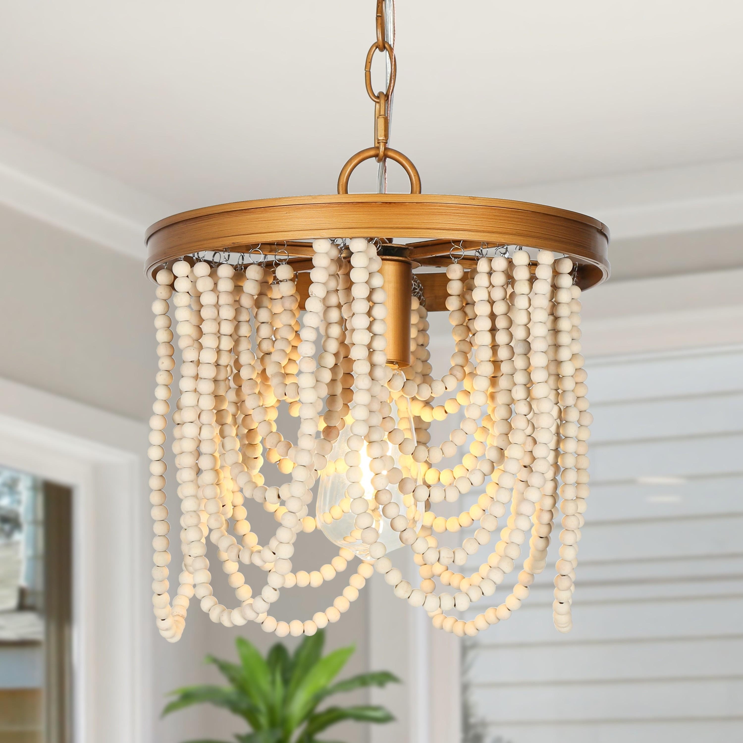 Modern Farmhouse Empire Beaded Chandelier Light, 1-Light Transitional Boho Candlestick Chandelier with White Wood Beads