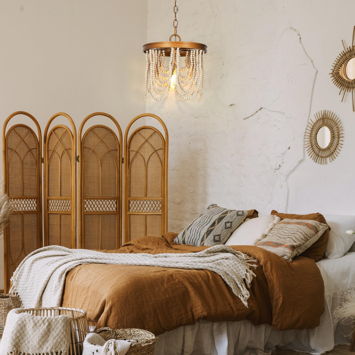 Modern Farmhouse Empire Beaded Chandelier Light, 1-Light Transitional Boho Candlestick Chandelier with White Wood Beads