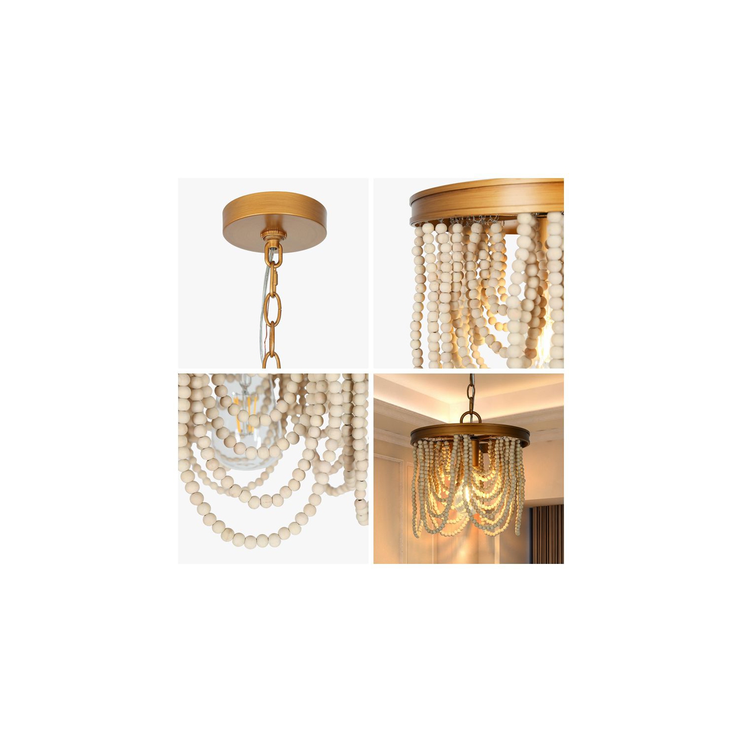 Modern Farmhouse Empire Beaded Chandelier Light, 1-Light Transitional Boho Candlestick Chandelier with White Wood Beads