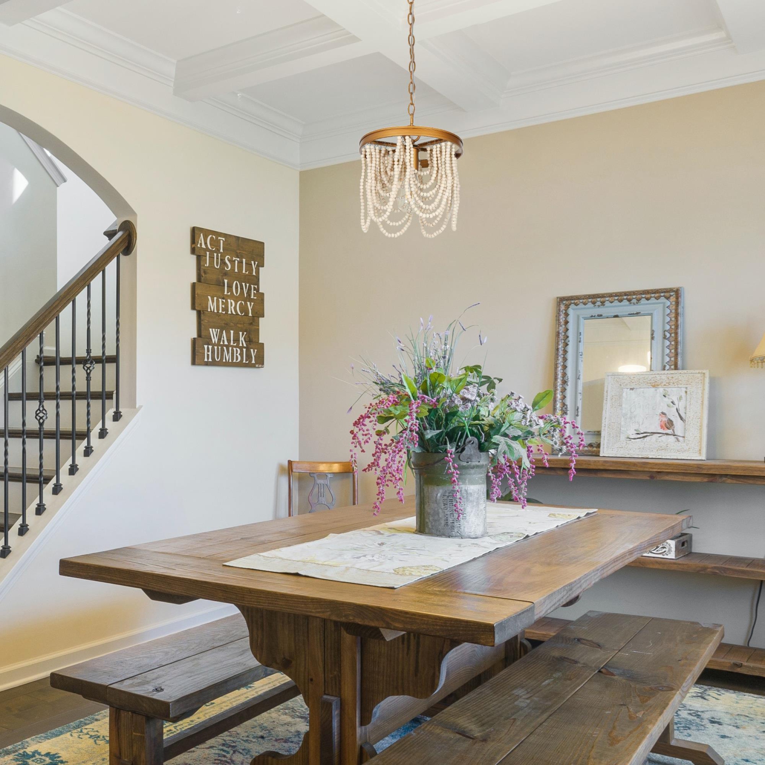 Modern Farmhouse Empire Beaded Chandelier Light, 1-Light Transitional Boho Candlestick Chandelier with White Wood Beads