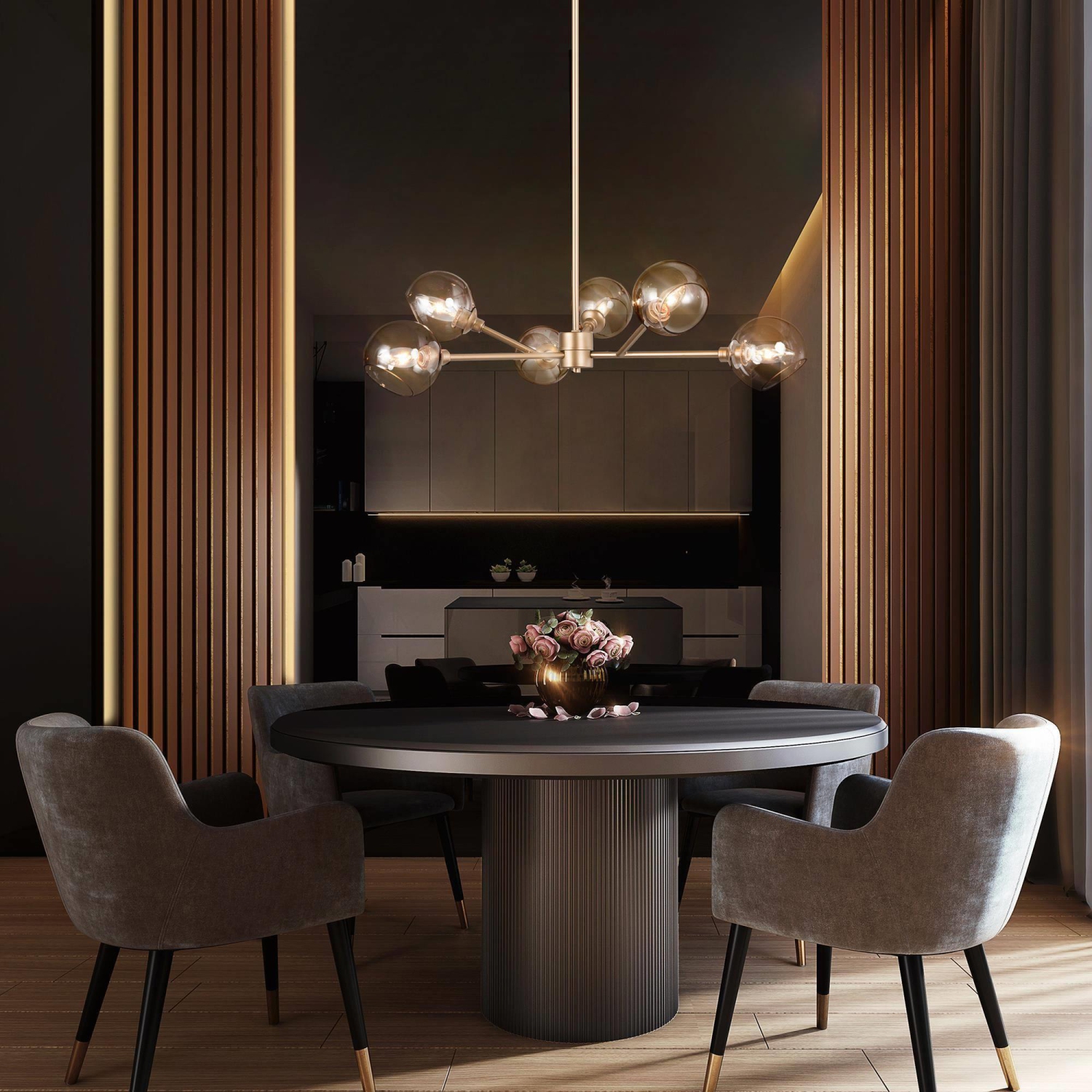 Lustre de salle à manger moderne doré, 31,5 po. Lustre de chambre Spoutnik de ferme à 6 lumières