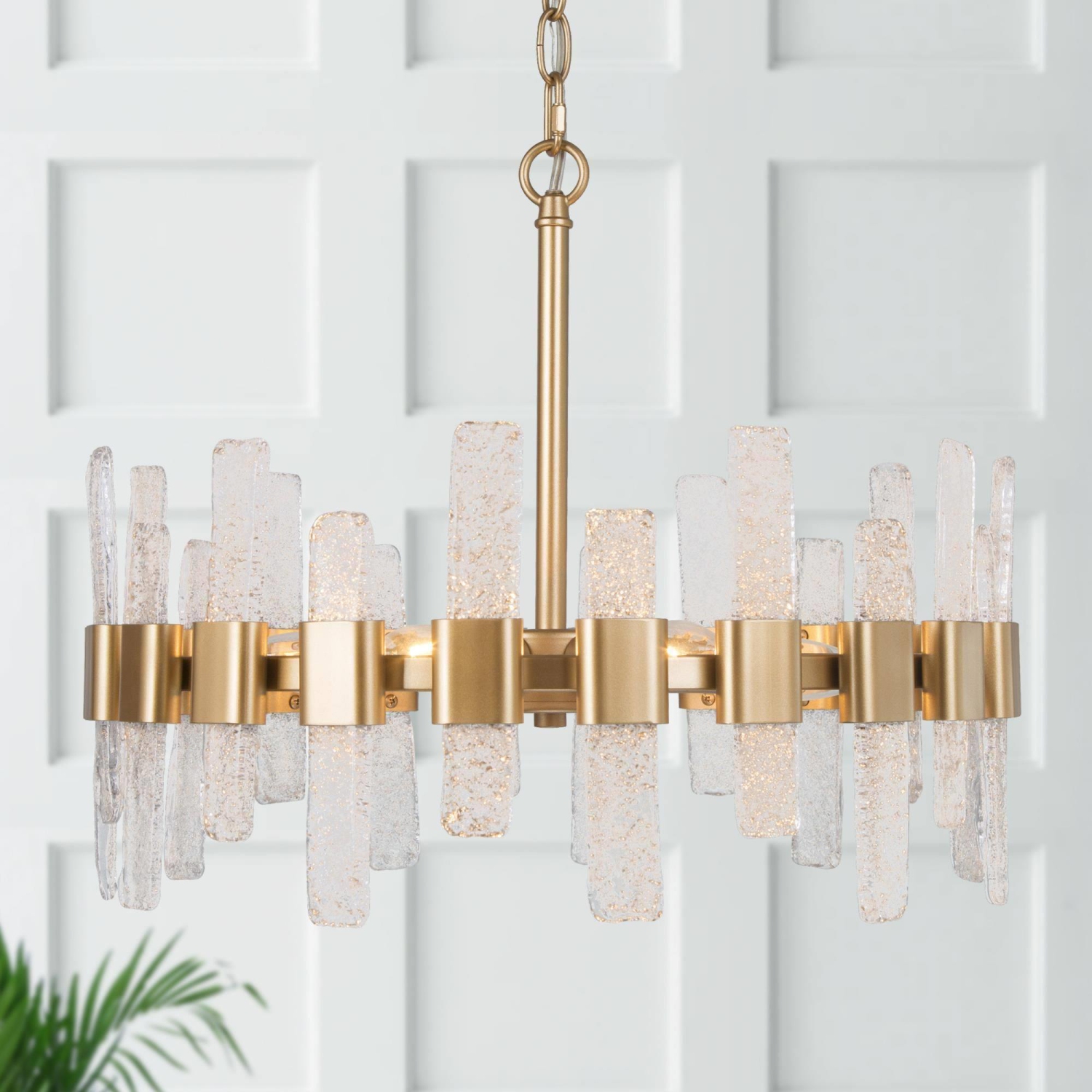 Modern Gold Kitchen Chandelier, 6-Light Farmhouse Dining Room Ceiling Light with Icing Glass Strips