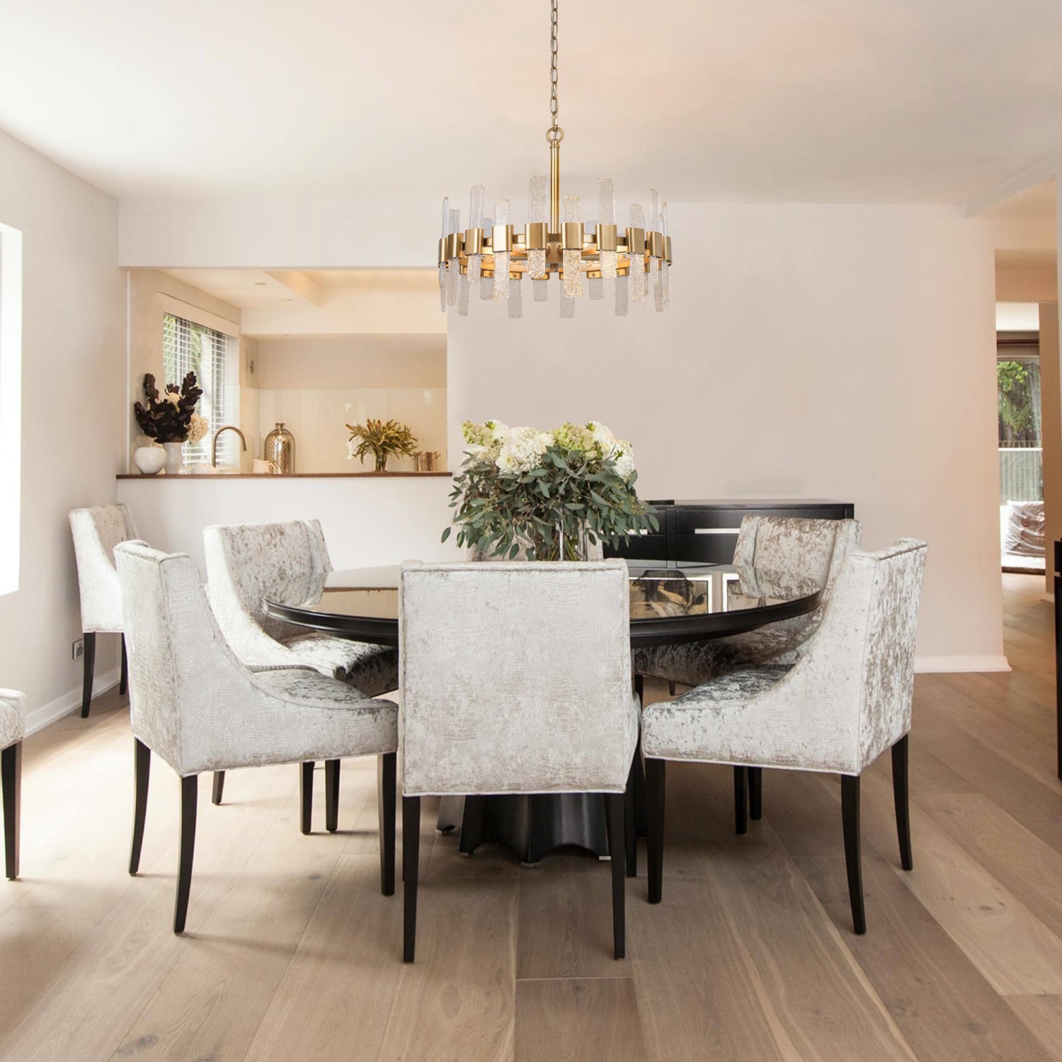 Modern Gold Kitchen Chandelier, 6-Light Farmhouse Dining Room Ceiling Light with Icing Glass Strips