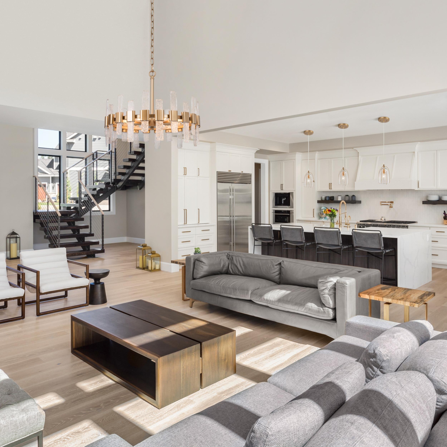 Modern Gold Kitchen Chandelier, 6-Light Farmhouse Dining Room Ceiling Light with Icing Glass Strips