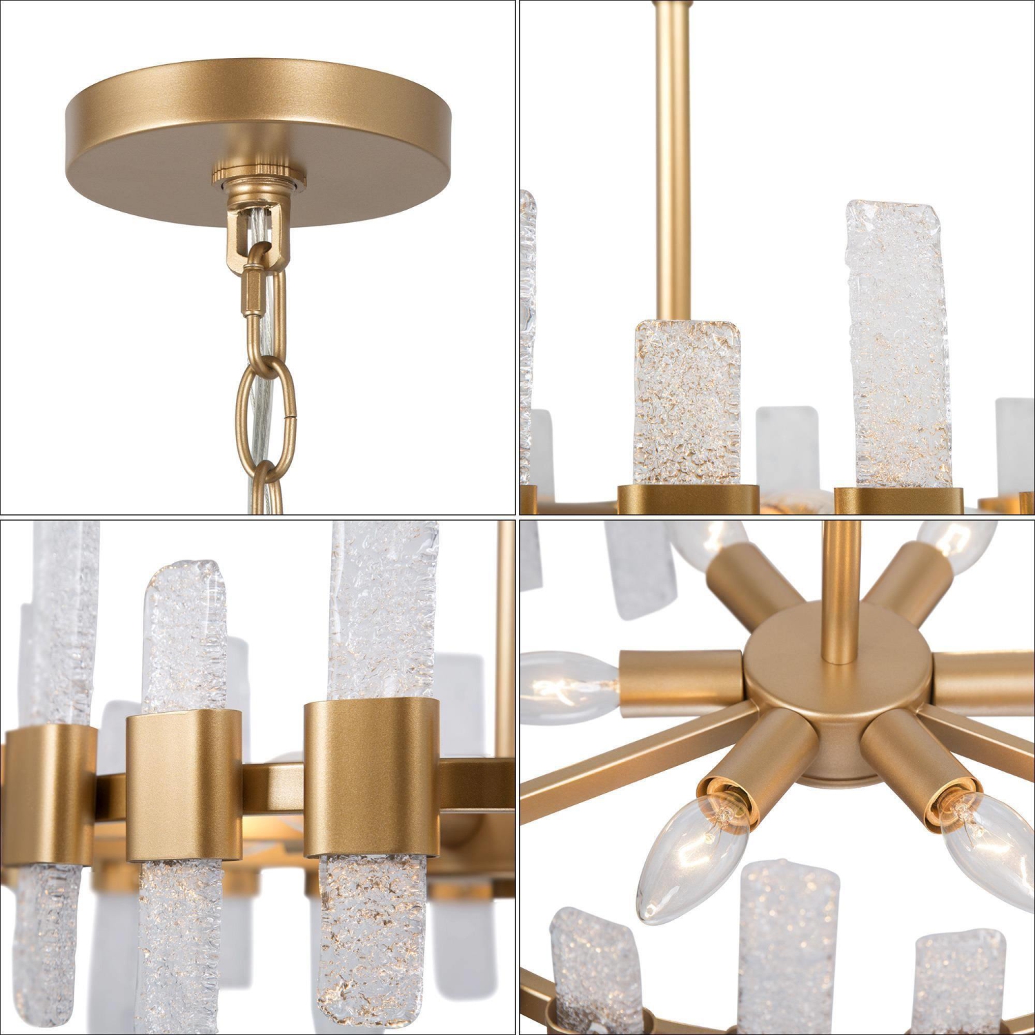 Modern Gold Kitchen Chandelier, 6-Light Farmhouse Dining Room Ceiling Light with Icing Glass Strips