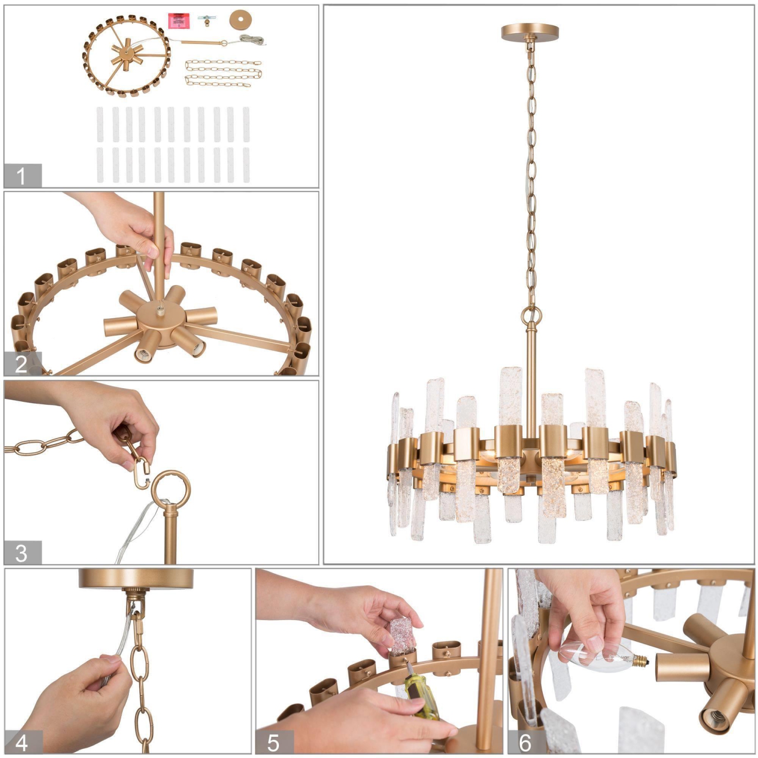 Modern Gold Kitchen Chandelier, 6-Light Farmhouse Dining Room Ceiling Light with Icing Glass Strips