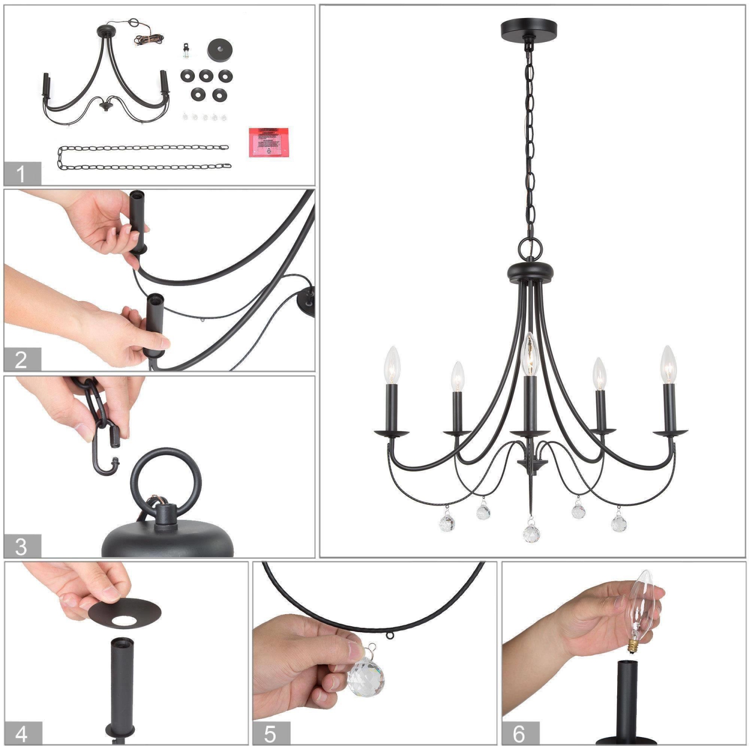 Modern Dining Room Candlestick Chandelier 5-Light Black Chandelier with Crystal Drops