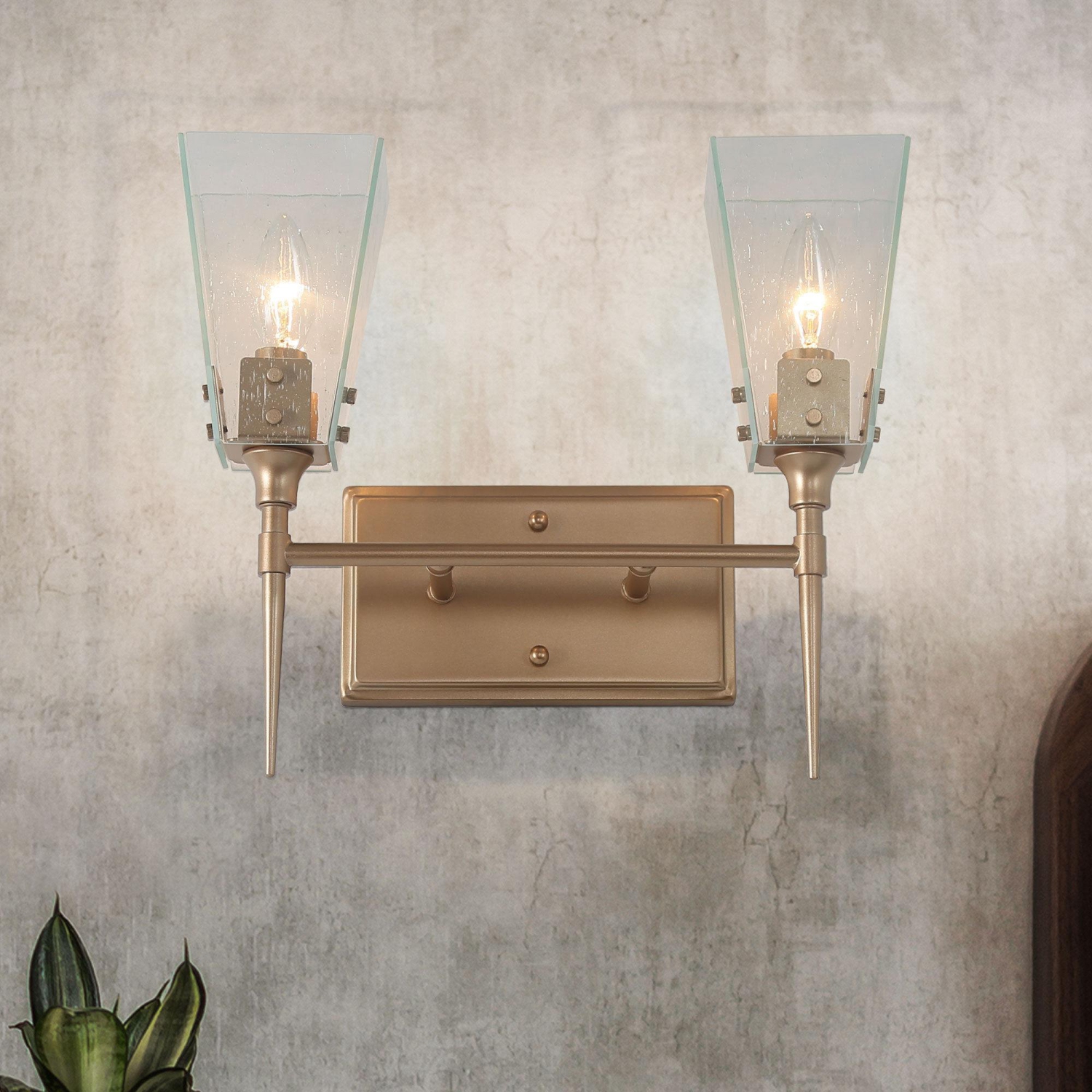 Modern 2-Light Bell Gold Vanity Light Bathroom Wall Light Fixture with Seeded Glass Shades