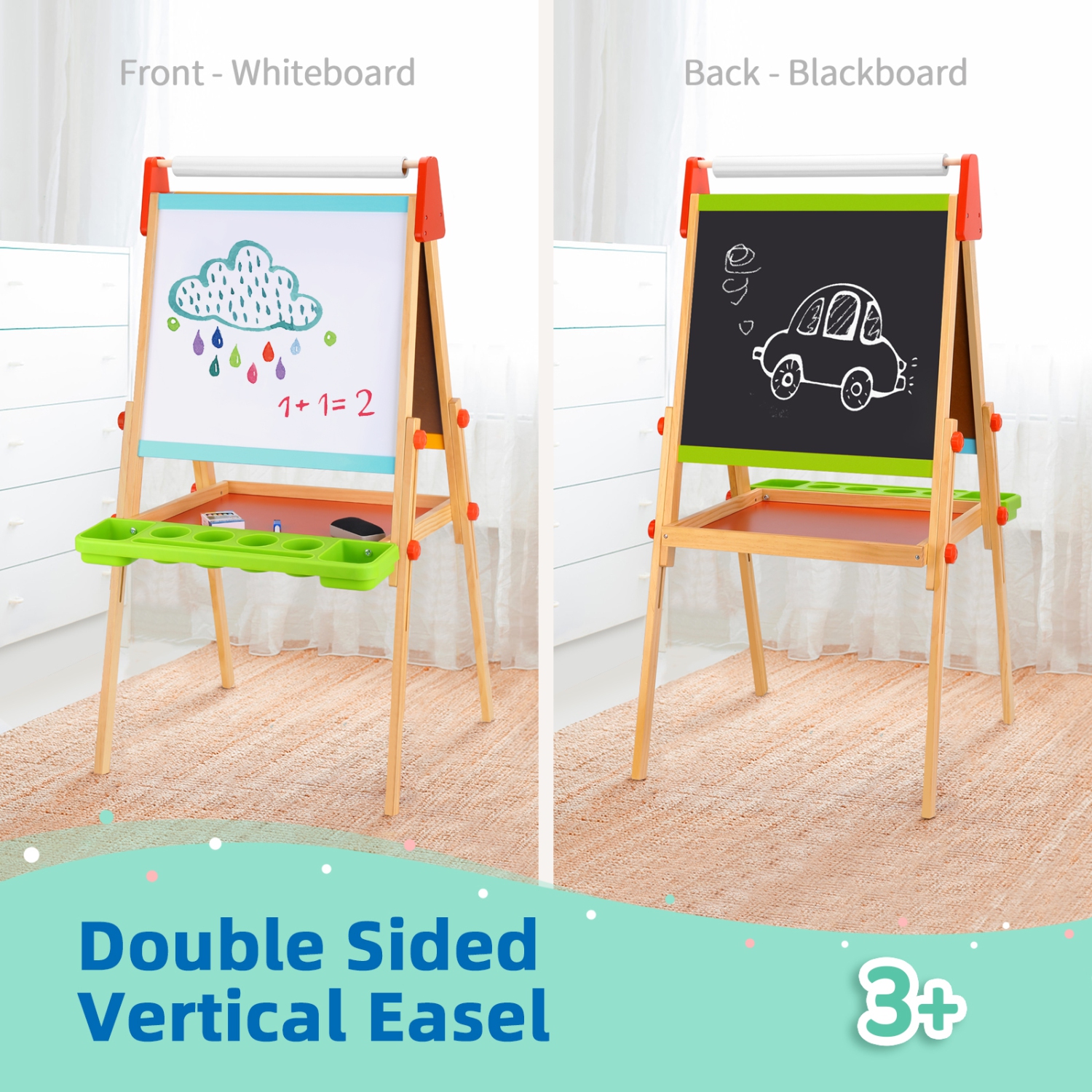 TOOKYLAND Wooden Easel for Kids - Adjustable Height Stand with Magnetic Whiteboard, Chalkboard, Paper Roll, Magnets, Drawing & Painting Accessories;