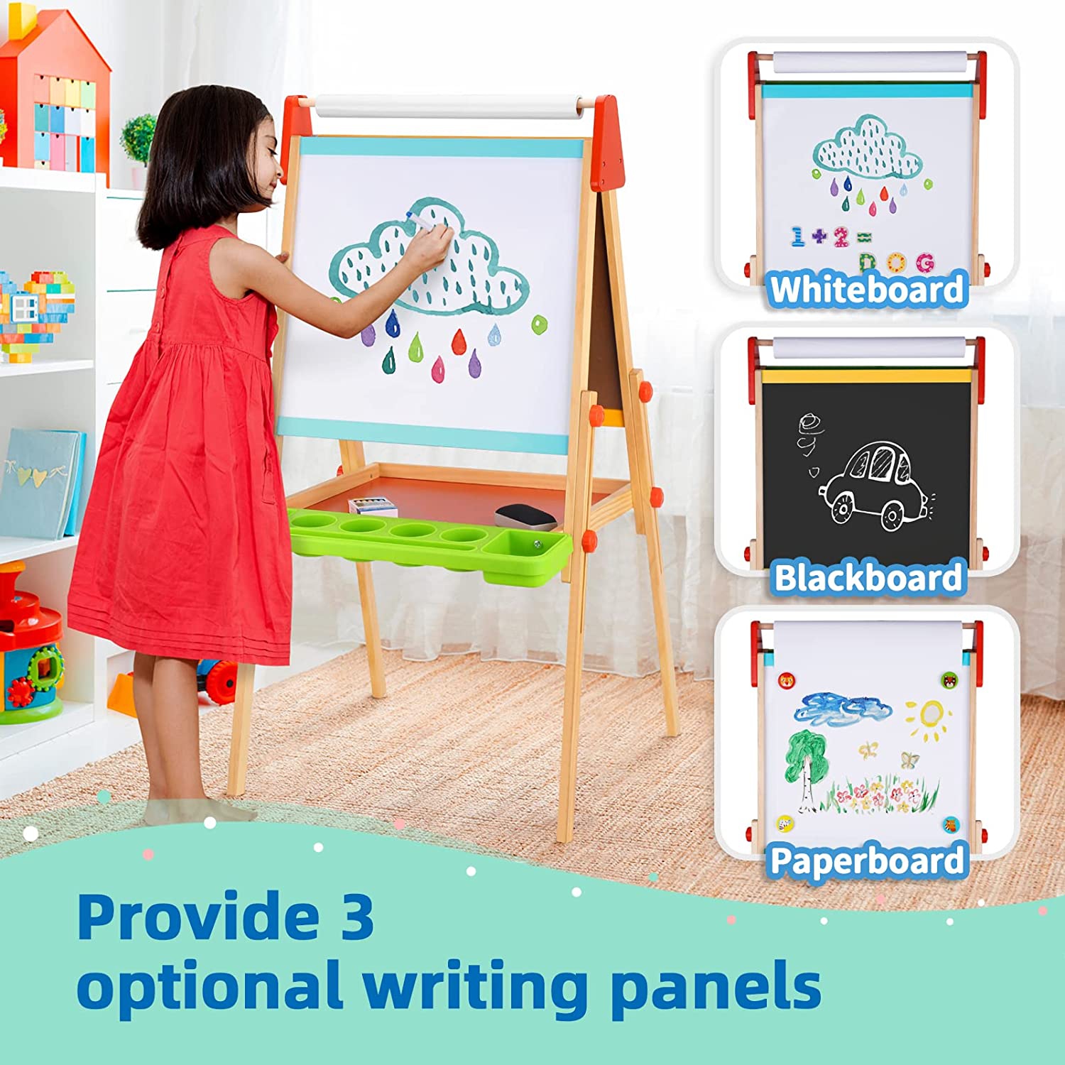 TOOKYLAND Wooden Easel for Kids - Adjustable Height Stand with Magnetic Whiteboard, Chalkboard, Paper Roll, Magnets, Drawing & Painting Accessories;