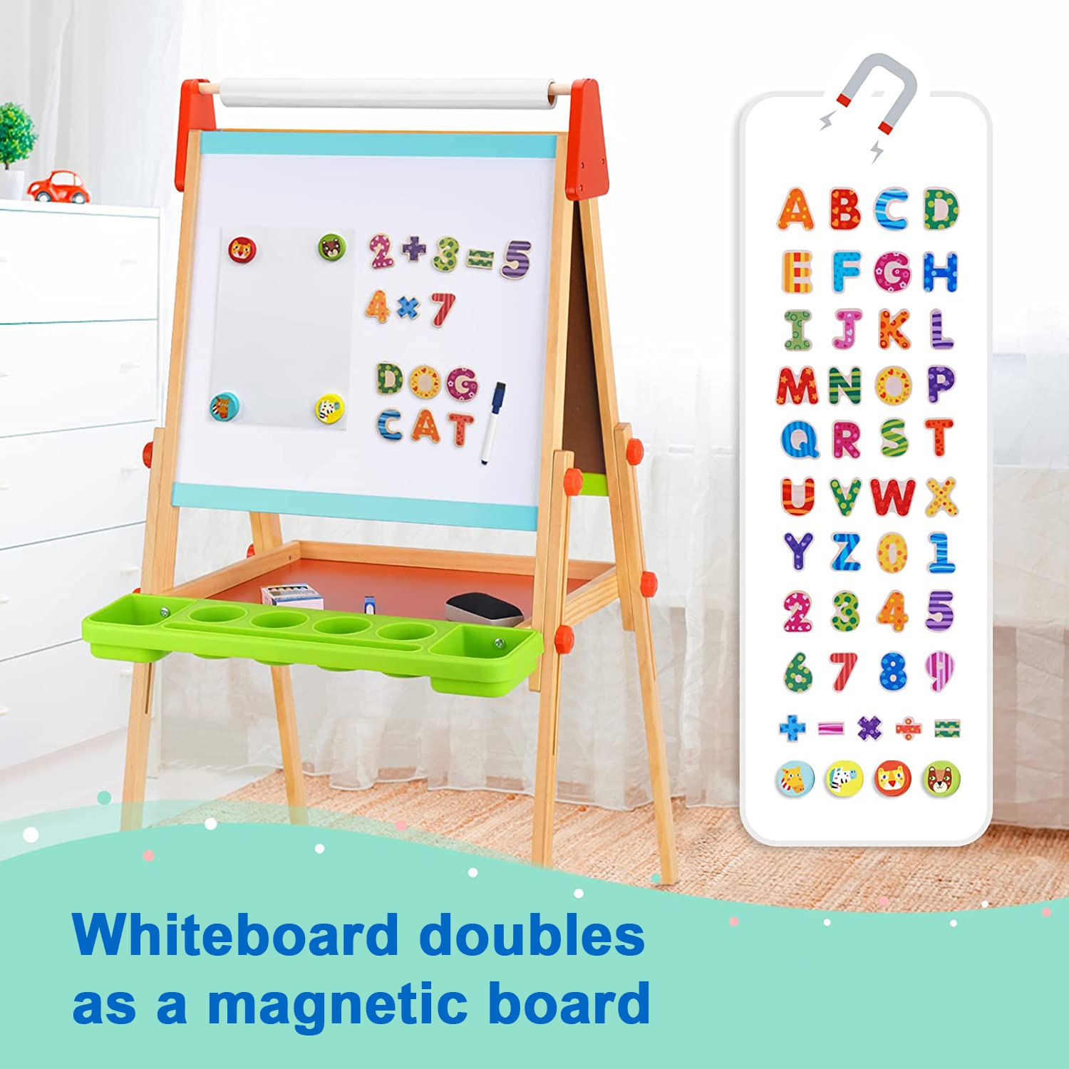 TOOKYLAND Wooden Easel for Kids - Adjustable Height Stand with Magnetic Whiteboard, Chalkboard, Paper Roll, Magnets, Drawing & Painting Accessories;