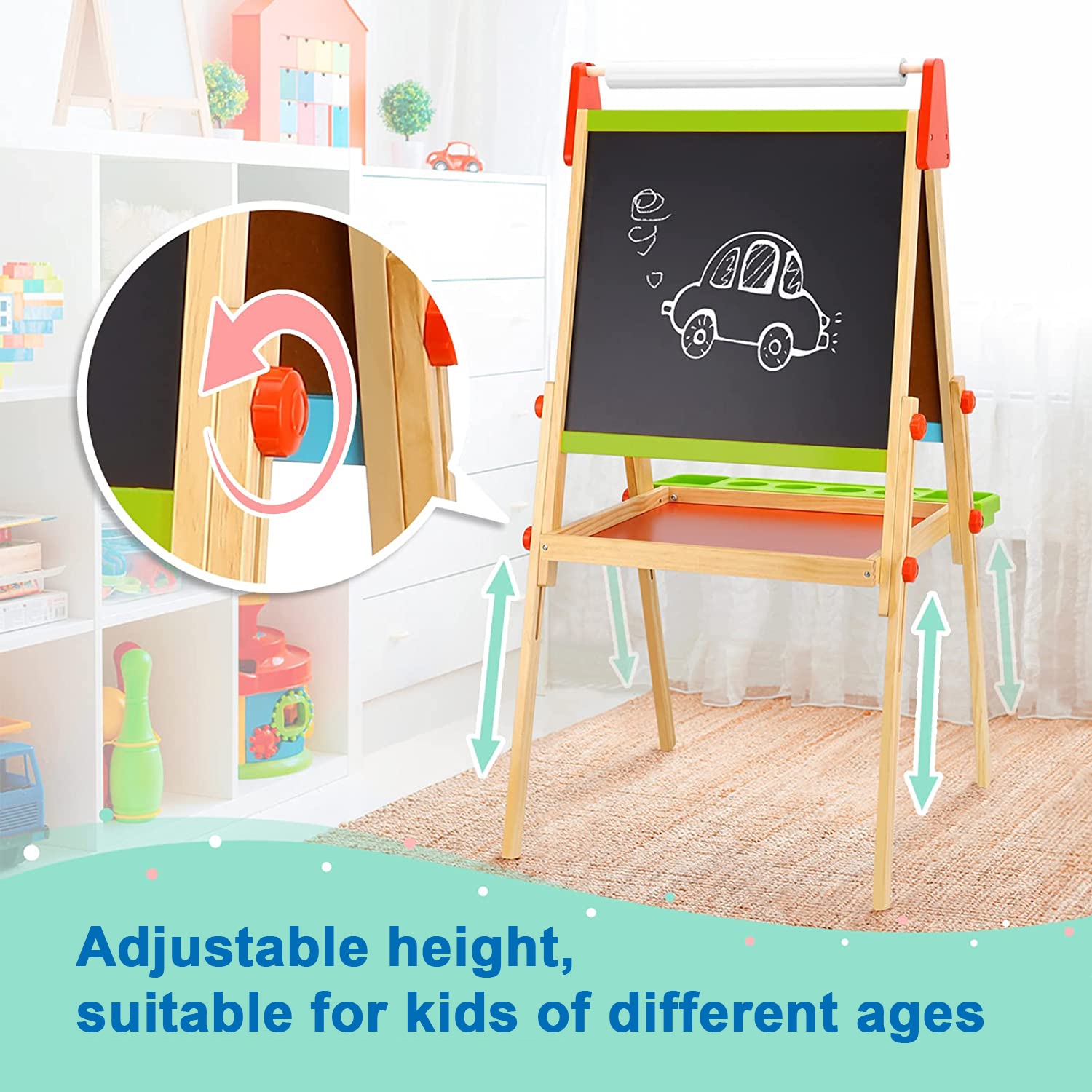 TOOKYLAND Wooden Easel for Kids - Adjustable Height Stand with Magnetic Whiteboard, Chalkboard, Paper Roll, Magnets, Drawing & Painting Accessories;