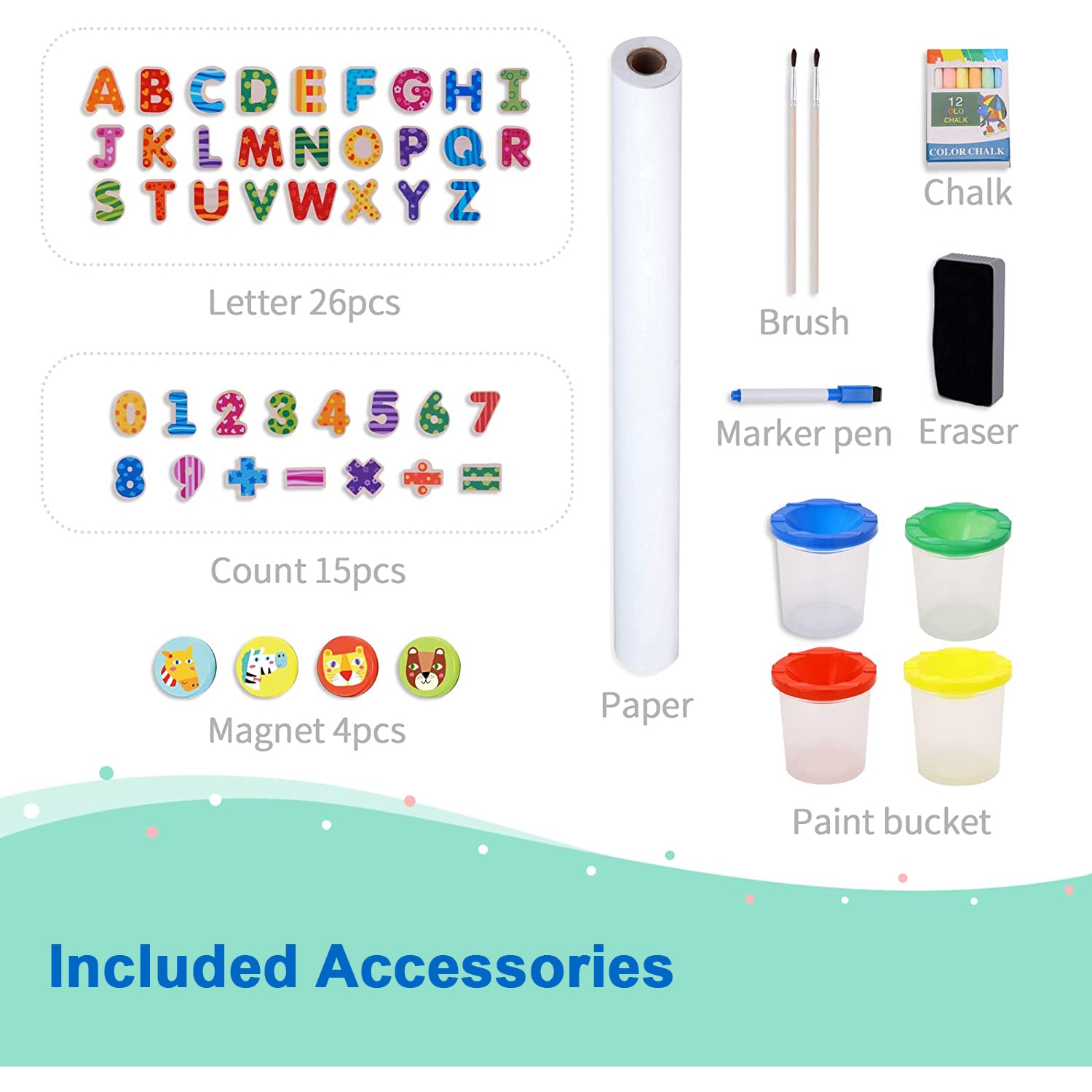 TOOKYLAND Wooden Easel for Kids - Adjustable Height Stand with Magnetic Whiteboard, Chalkboard, Paper Roll, Magnets, Drawing & Painting Accessories;