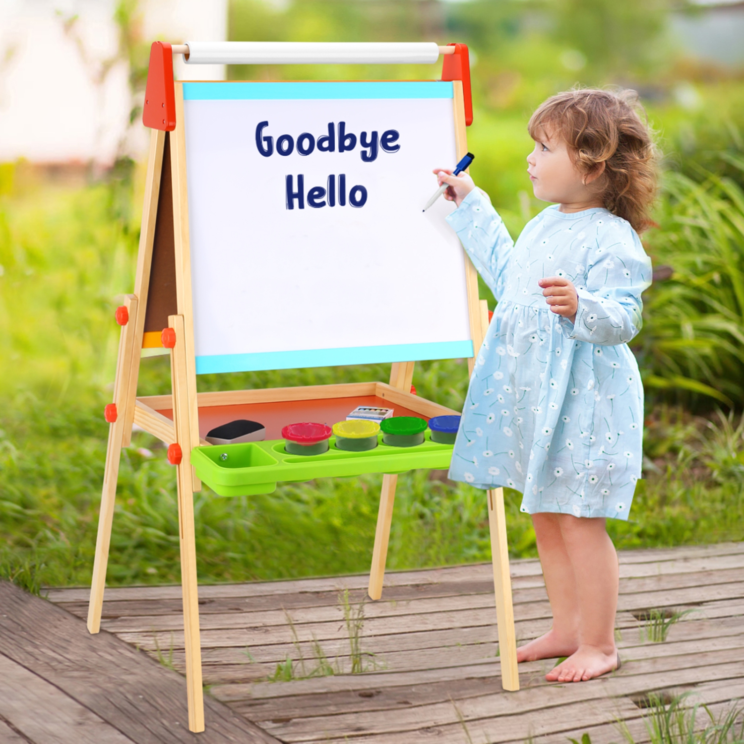TOOKYLAND Wooden Easel for Kids - Adjustable Height Stand with Magnetic Whiteboard, Chalkboard, Paper Roll, Magnets, Drawing & Painting Accessories;