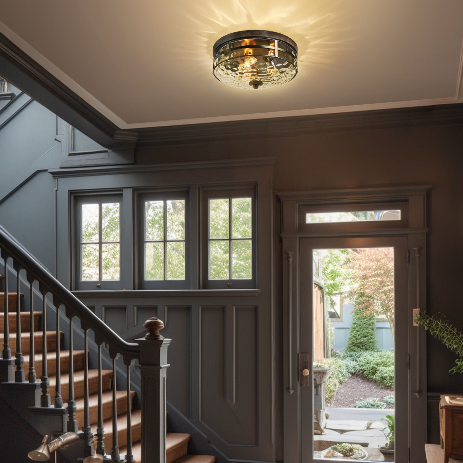 Luminaire encastré moderne Farmhouse, 3 lumières, Bronze noir et ton bois, avec luminaire semi-encastré à DEL en verre texturé