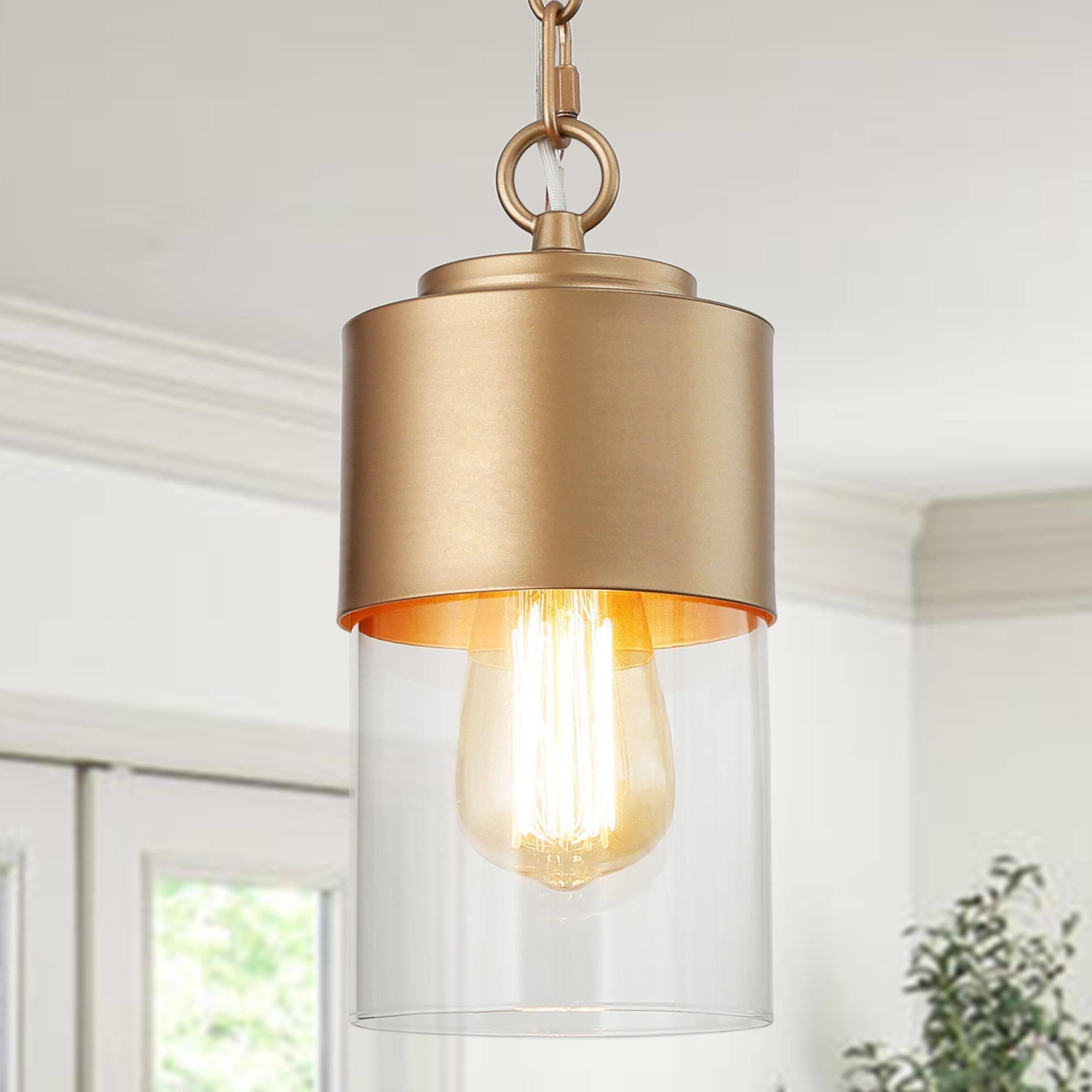 Modern Dome Kitchen Island Pendant Light, Contemporary Cylinder Pendant Light Drum Clear Glass Shade Pendant Light