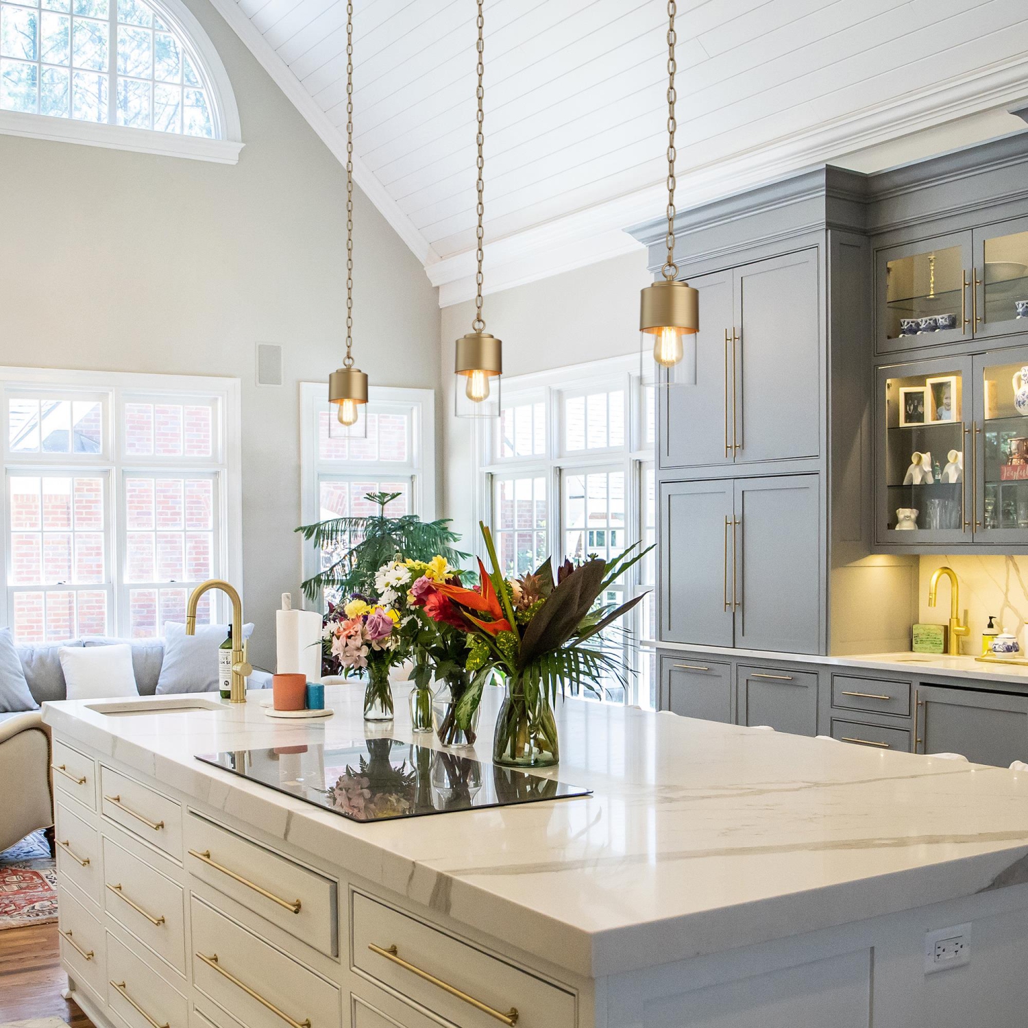 Modern Dome Kitchen Island Pendant Light, Contemporary Cylinder Pendant Light Drum Clear Glass Shade Pendant Light