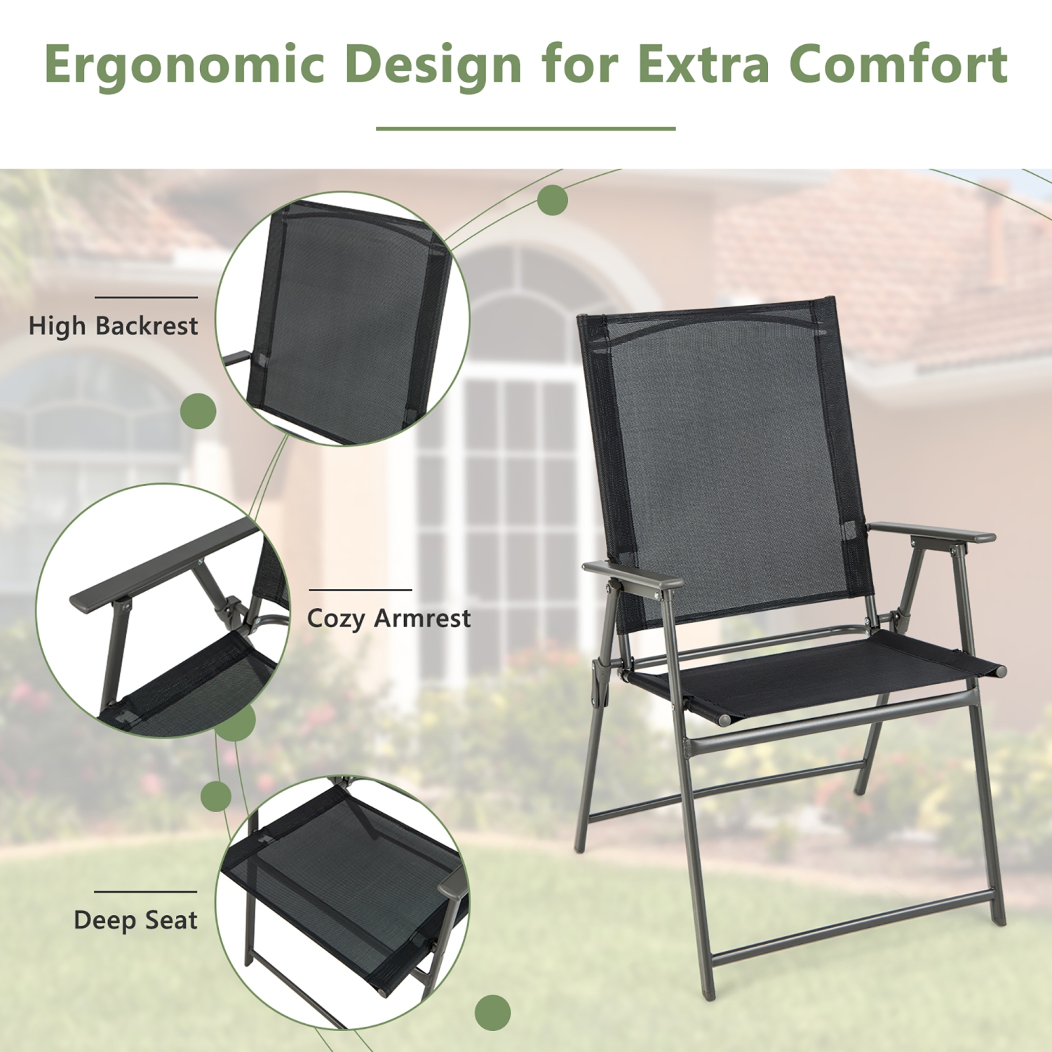 Costway 4pcs Patio Folding Portable Dining Chairs Metal Frame Armrests Garden Outdoor