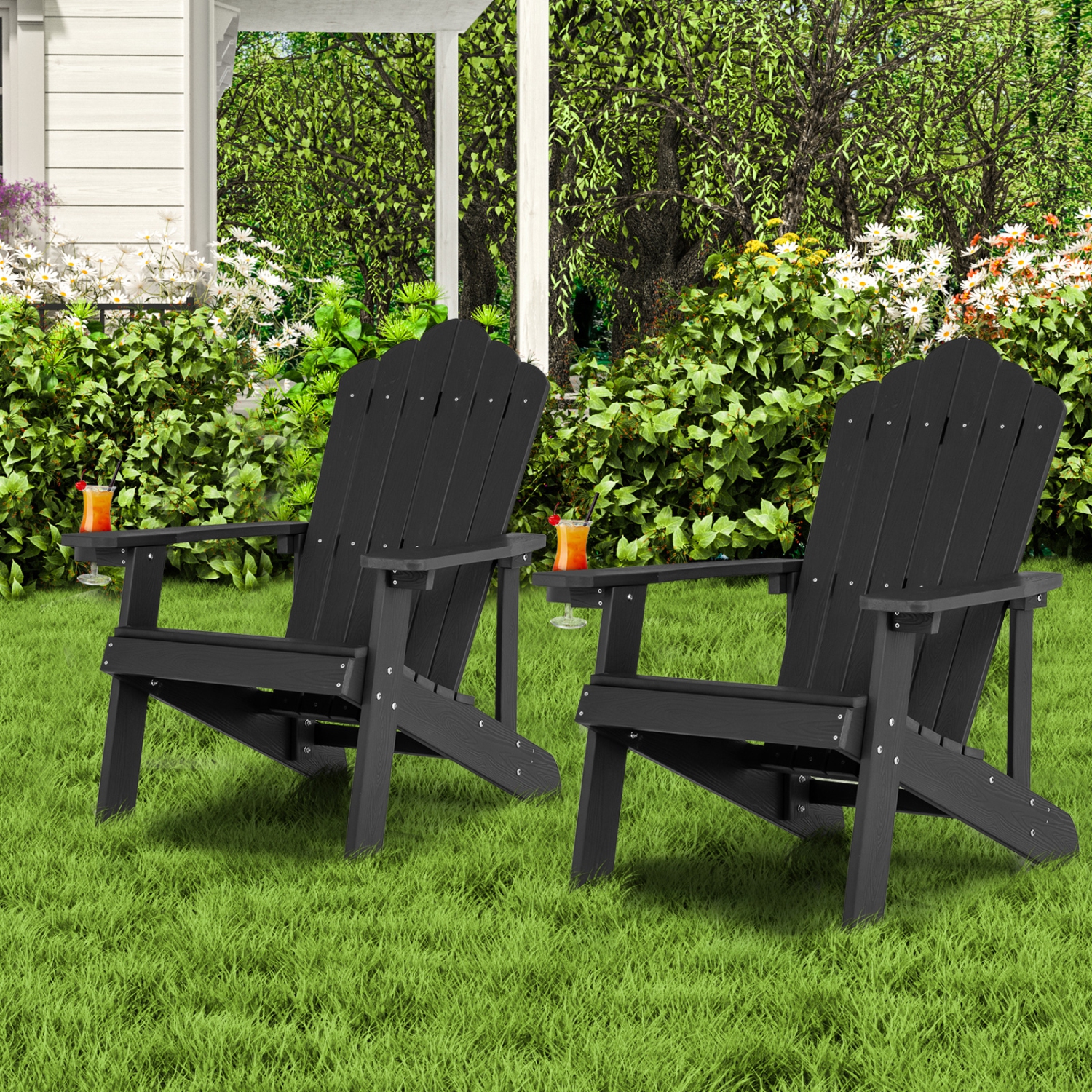 Topbuy 2PCS Adirondack Chair HIPS Adirondack Chair w/Cup Holder Realistic Wood Grain Weather Resistant Outdoor Chair for 380 LBS Weight Capacity