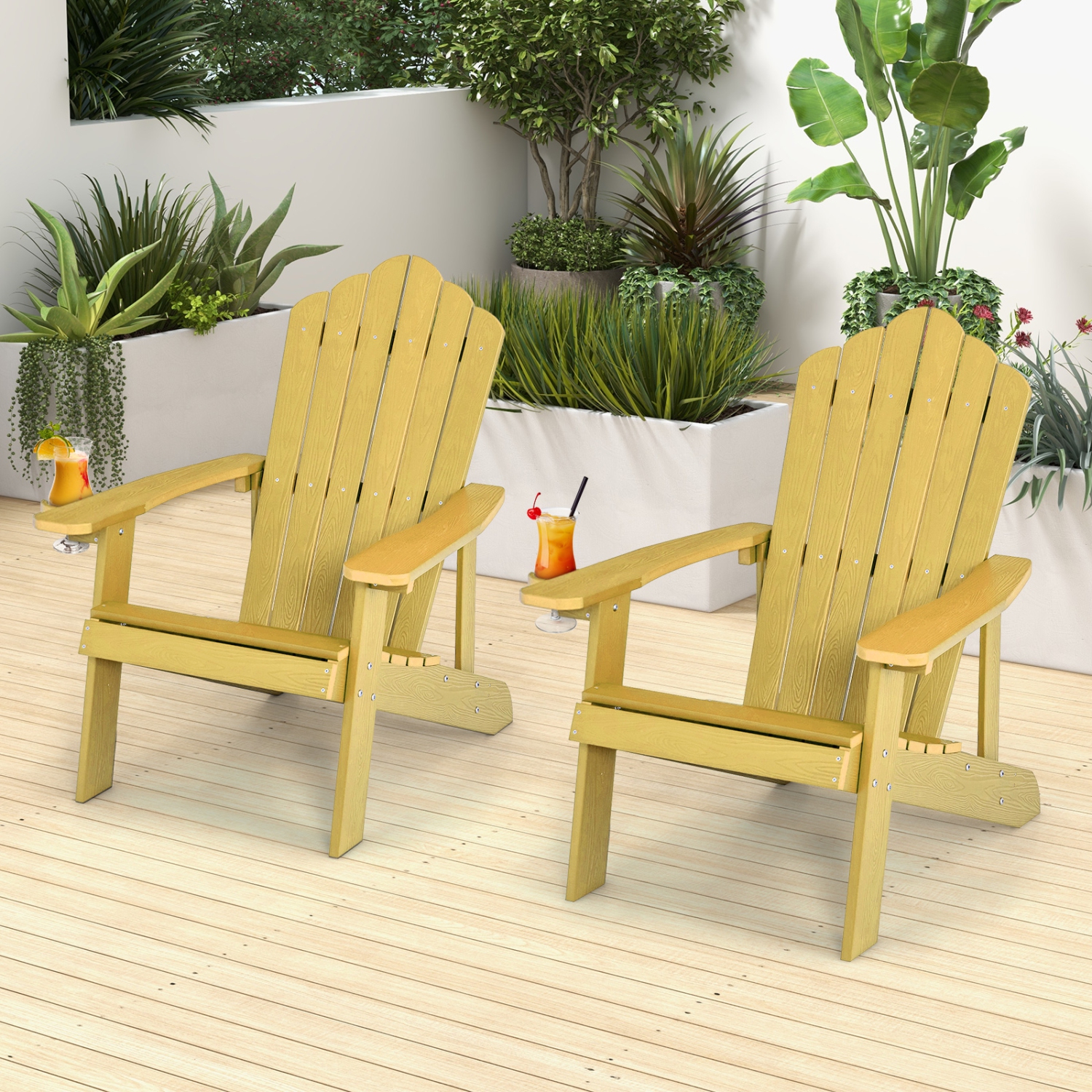 Topbuy 2PCS Adirondack Chair HIPS Adirondack Chair w/Cup Holder Realistic Wood Grain Weather Resistant Outdoor Chair for 380 LBS Weight Capacity