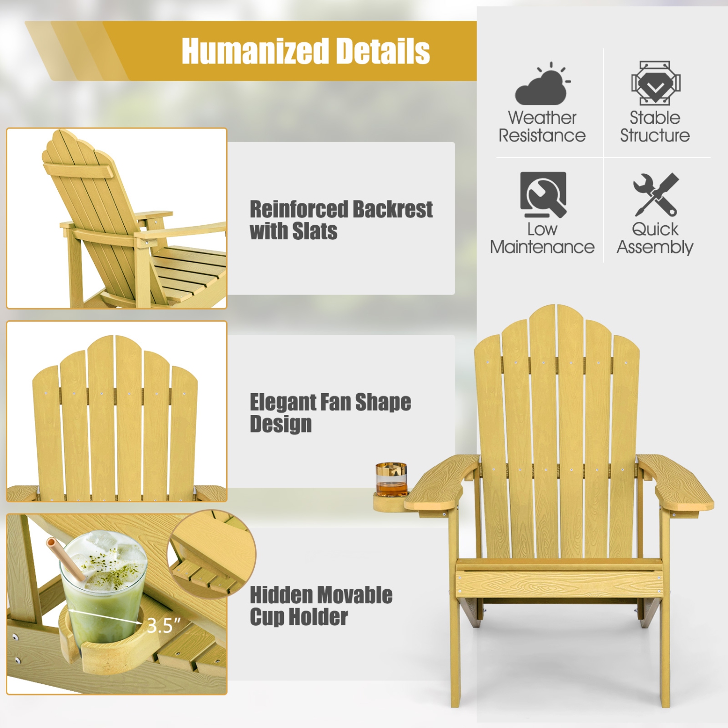 Topbuy 2PCS Adirondack Chair HIPS Adirondack Chair w/Cup Holder Realistic Wood Grain Weather Resistant Outdoor Chair for 380 LBS Weight Capacity
