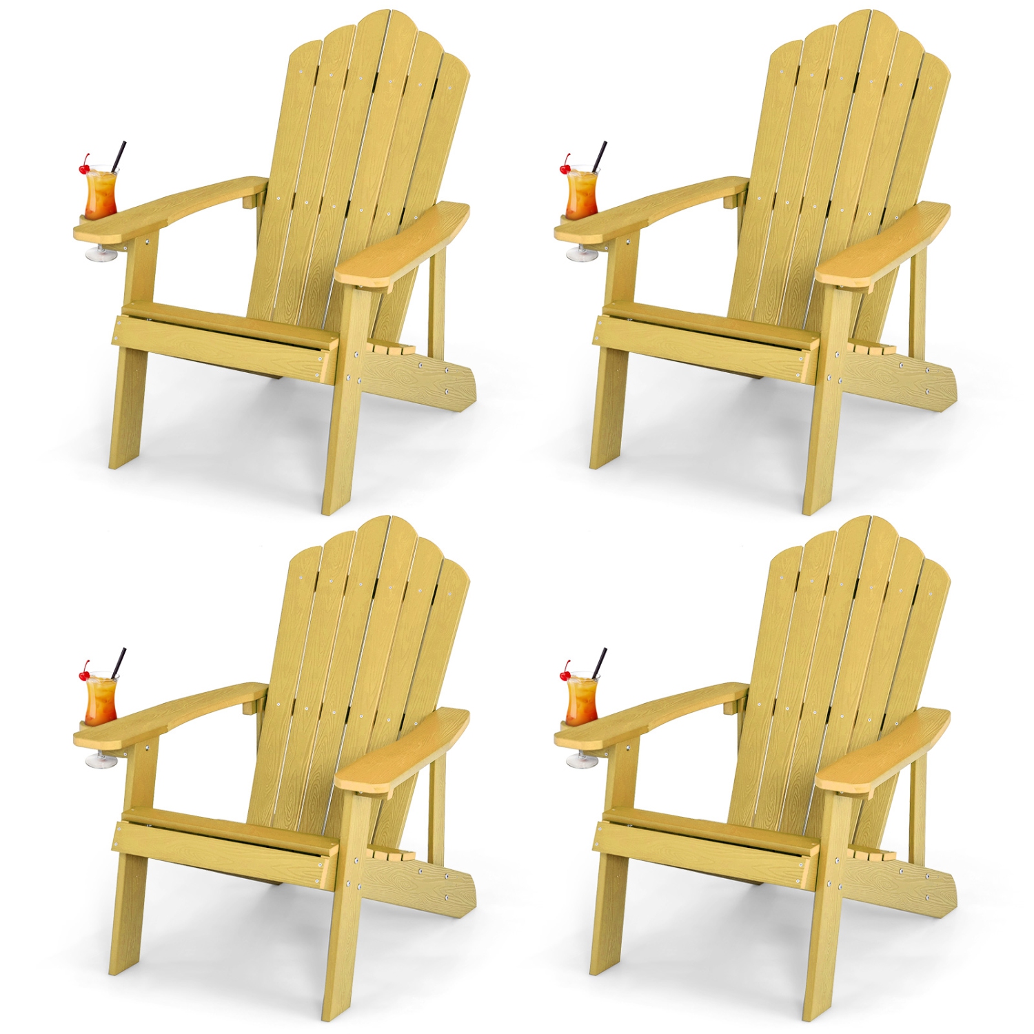Topbuy 4PCS Adirondack Chair HIPS Adirondack Chair w/Cup Holder Realistic Wood Grain Weather Resistant Outdoor Chair for 380 LBS Weight Capacity