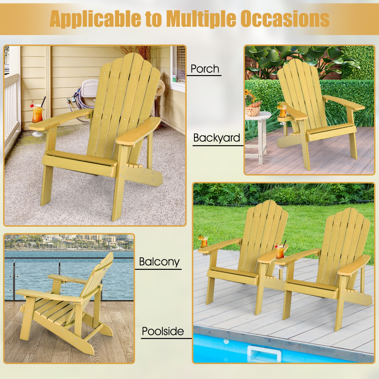 Topbuy 4PCS Adirondack Chair HIPS Adirondack Chair w/Cup Holder Realistic Wood Grain Weather Resistant Outdoor Chair for 380 LBS Weight Capacity