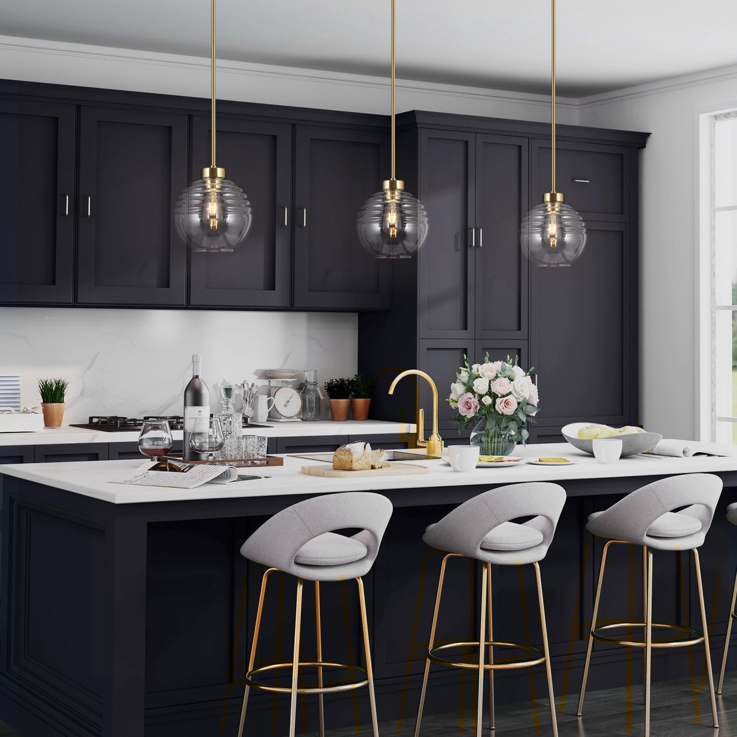 Suspension d'îlot de cuisine moderne à 1 ampoule en laiton doré avec abat-jour en verre rayé transparent