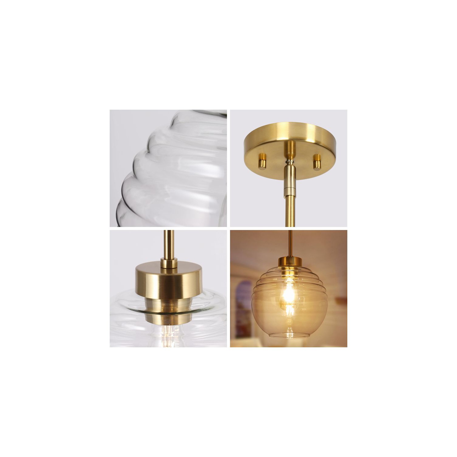 Suspension d'îlot de cuisine moderne à 1 ampoule en laiton doré avec abat-jour en verre rayé transparent