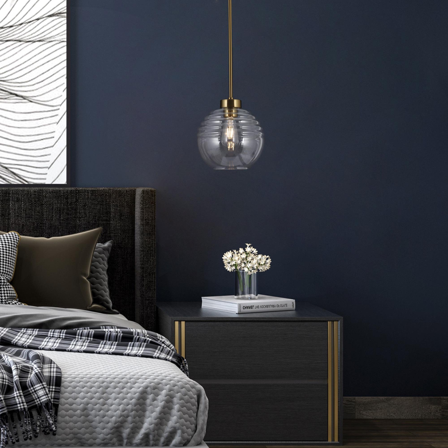 Suspension d'îlot de cuisine moderne à 1 ampoule en laiton doré avec abat-jour en verre rayé transparent