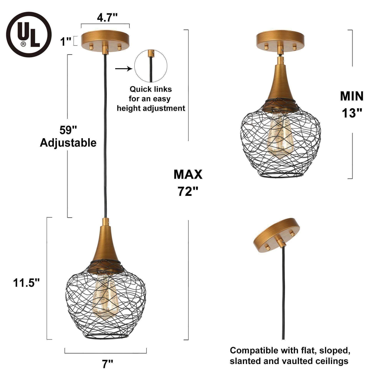 Lampe suspendue moderne, lanterne moderne, mini-lanterne DEL convertible suspendue/semi-encastrée, or antique et noir, cage en rotin