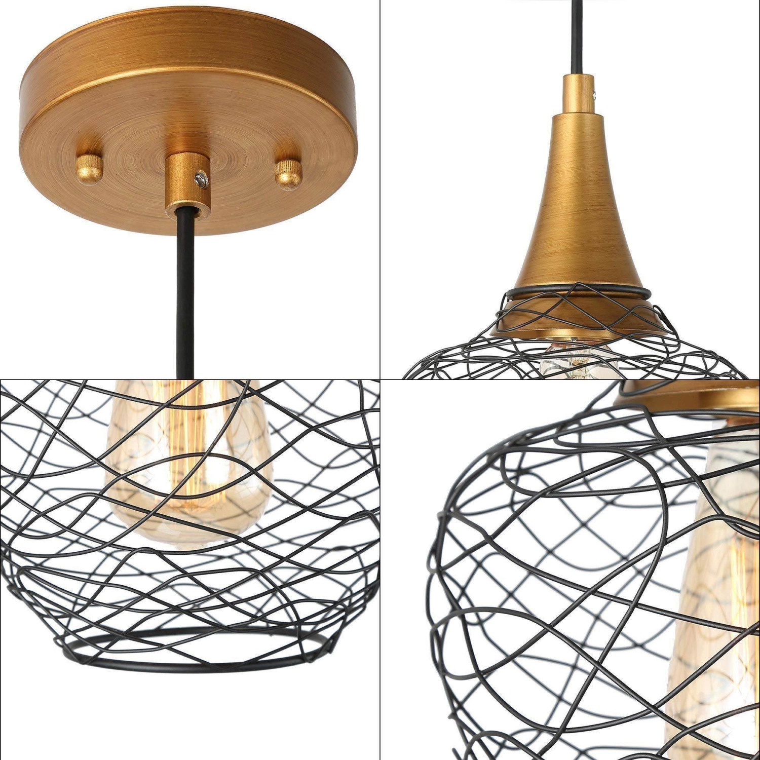 Lampe suspendue moderne, lanterne moderne, mini-lanterne DEL convertible suspendue/semi-encastrée, or antique et noir, cage en rotin