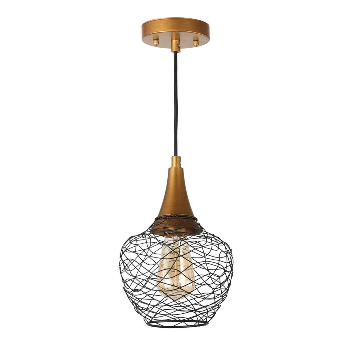 Lampe suspendue moderne, lanterne moderne, mini-lanterne DEL convertible suspendue/semi-encastrée, or antique et noir, cage en rotin