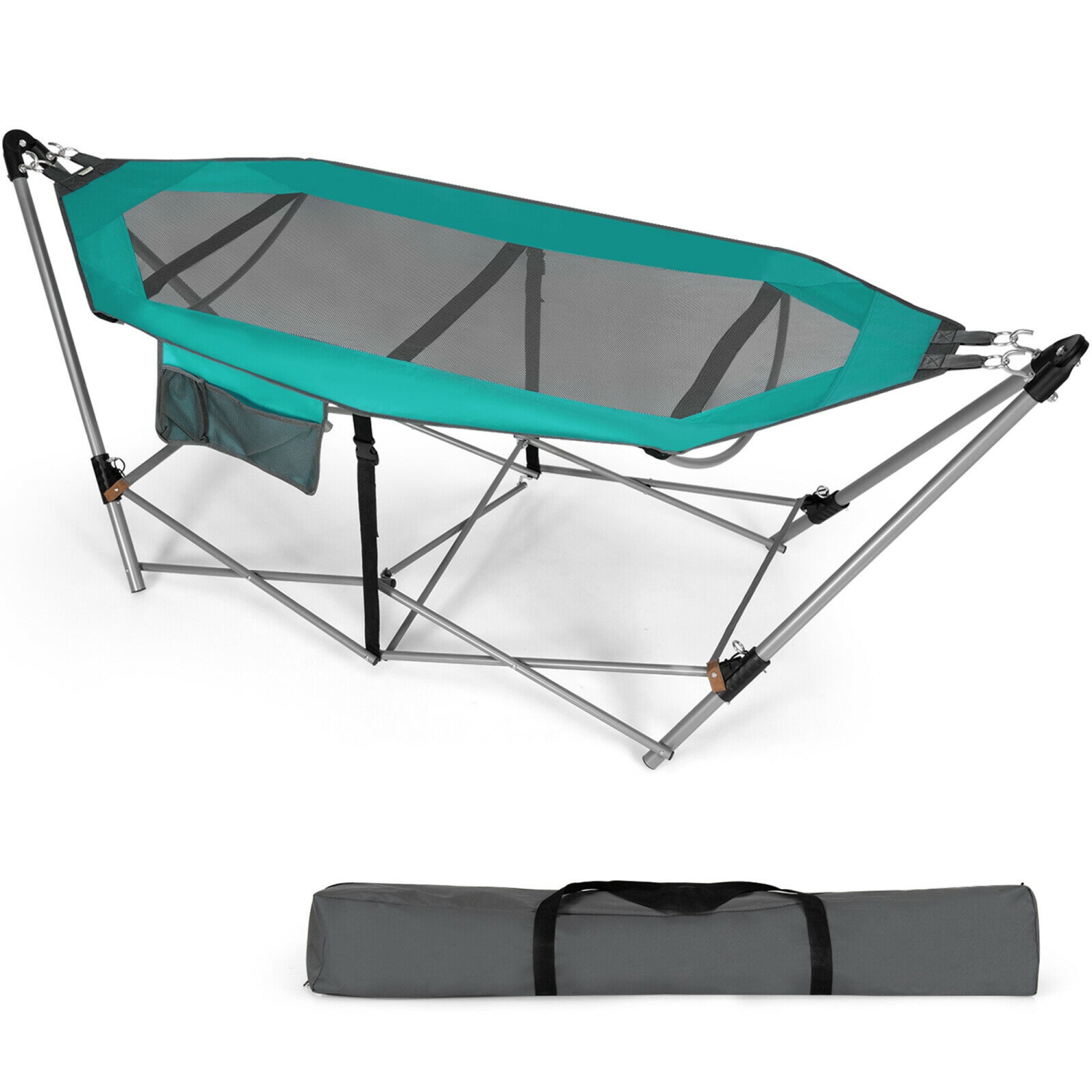 Gymax Folding Hammock Indoor & Outdoor Hammock with Side Pocket & Iron Stand