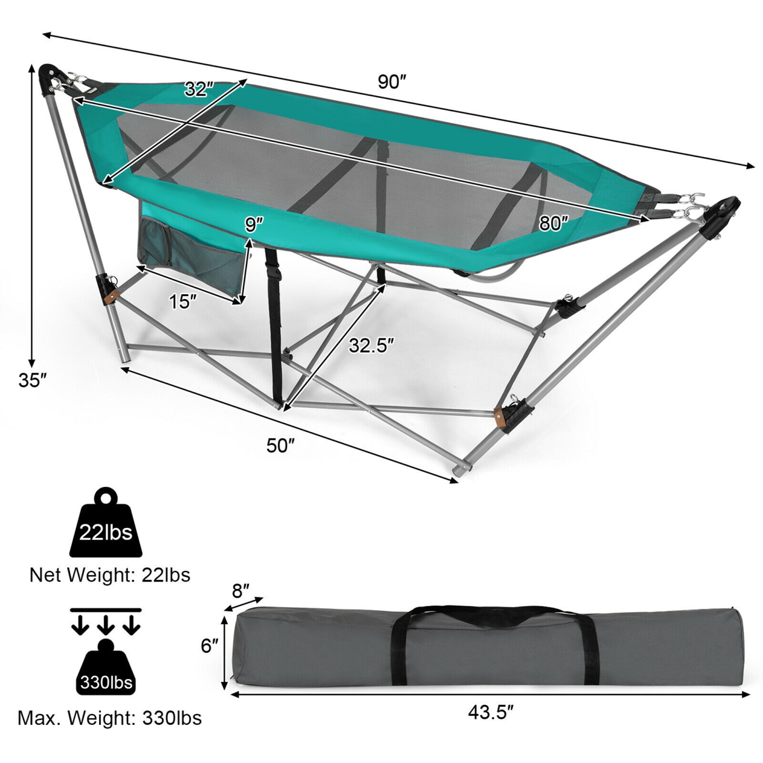 Gymax Folding Hammock Indoor & Outdoor Hammock with Side Pocket & Iron Stand
