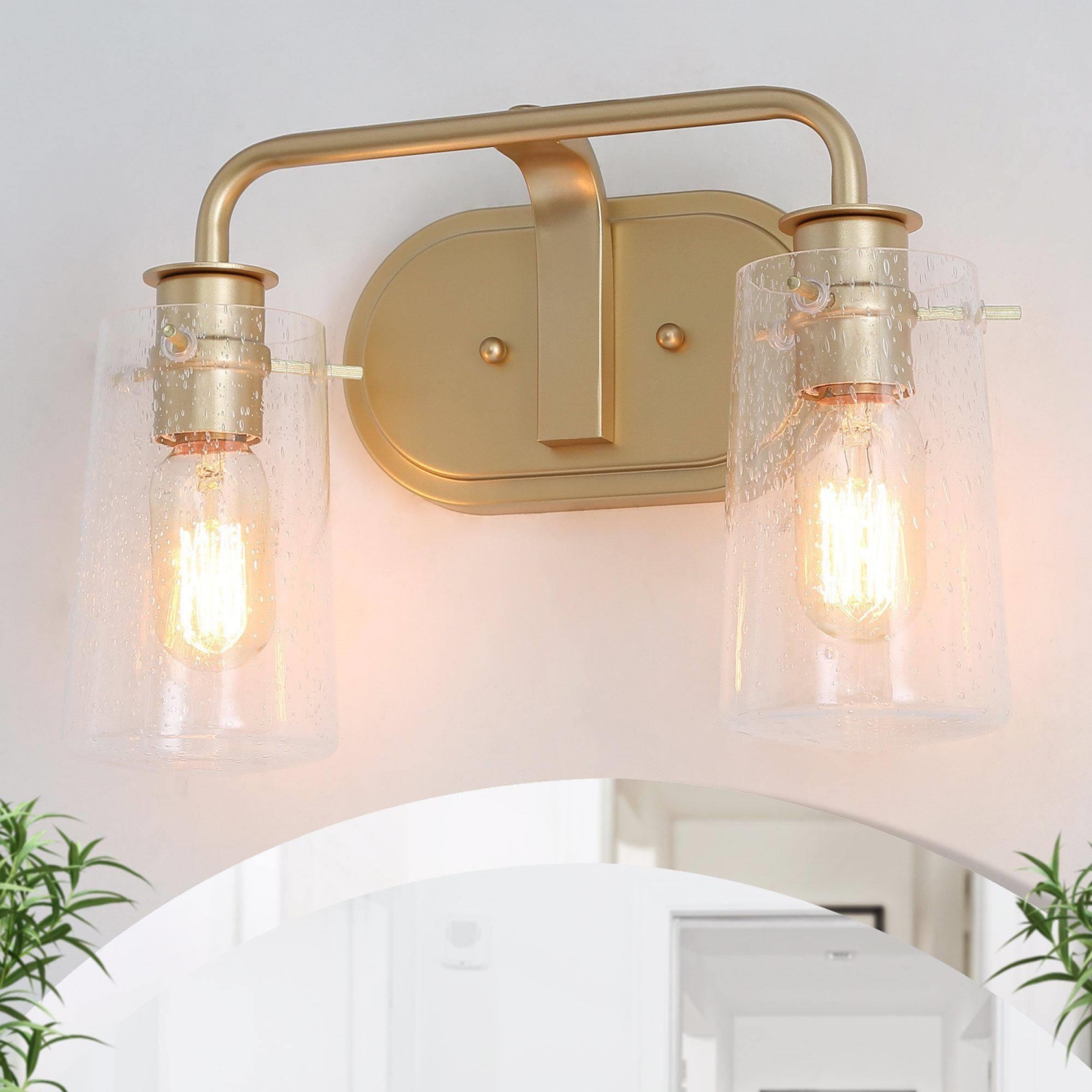 Modern Gold Bathroom Vanity Light, 13.5 in. 2-Light Gold Vanity Light with Seeded Glass Shades