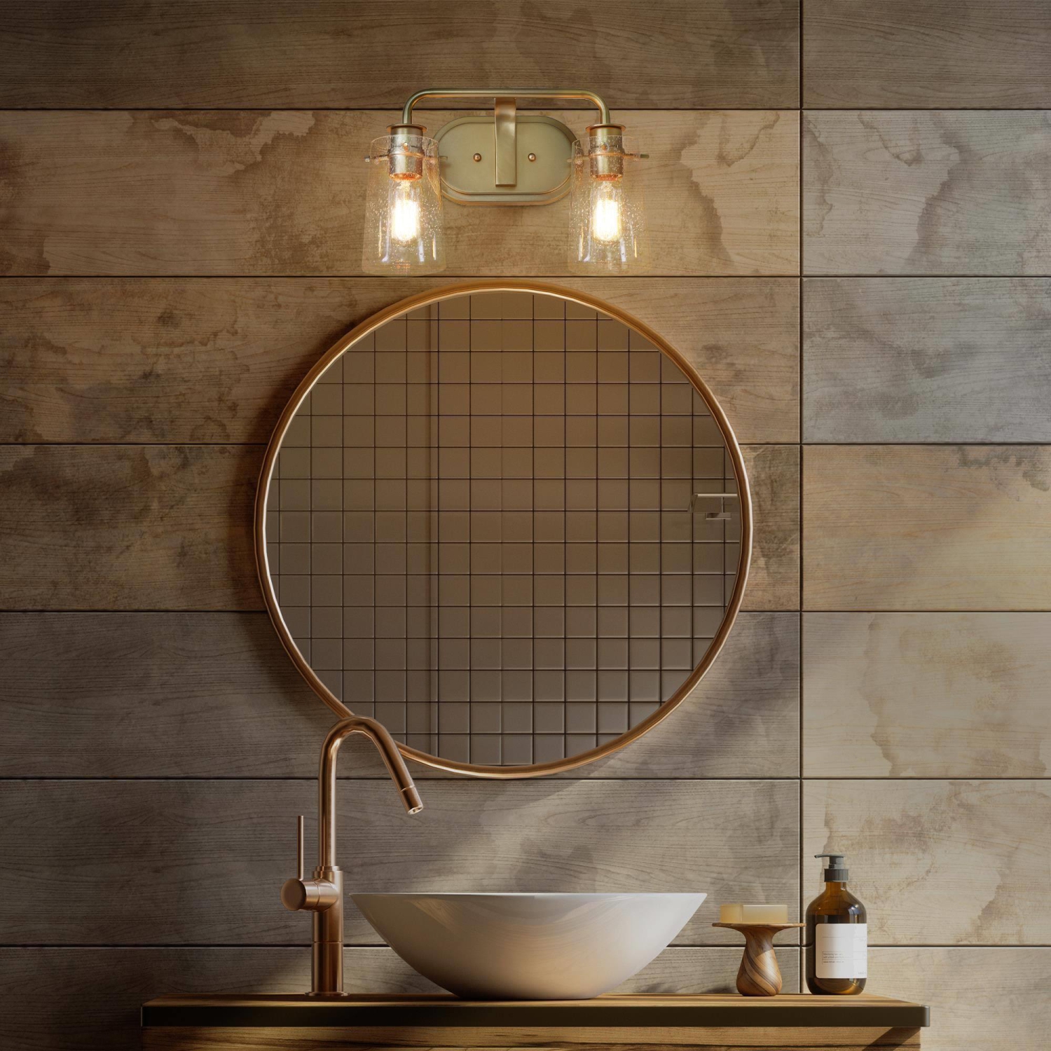 Modern Gold Bathroom Vanity Light, 13.5 in. 2-Light Gold Vanity Light with Seeded Glass Shades