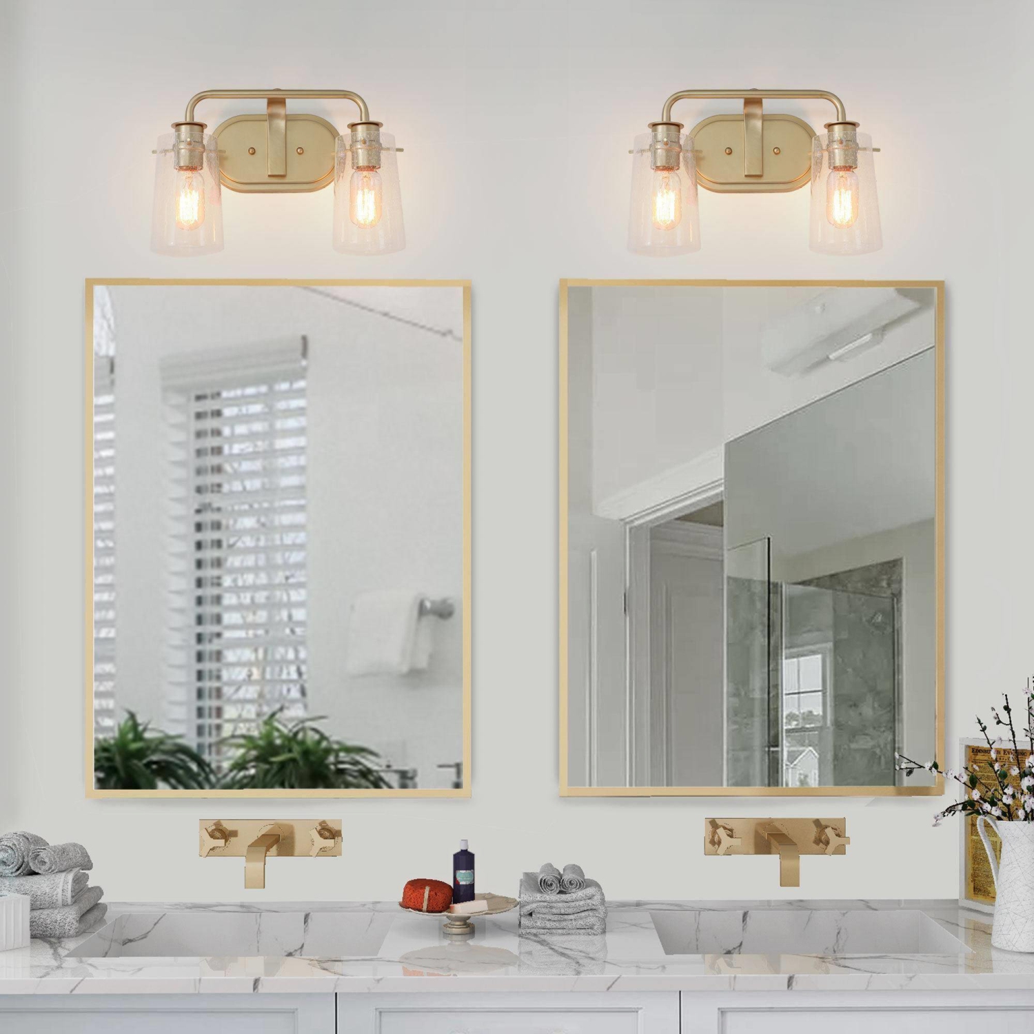 Modern Gold Bathroom Vanity Light, 13.5 in. 2-Light Gold Vanity Light with Seeded Glass Shades
