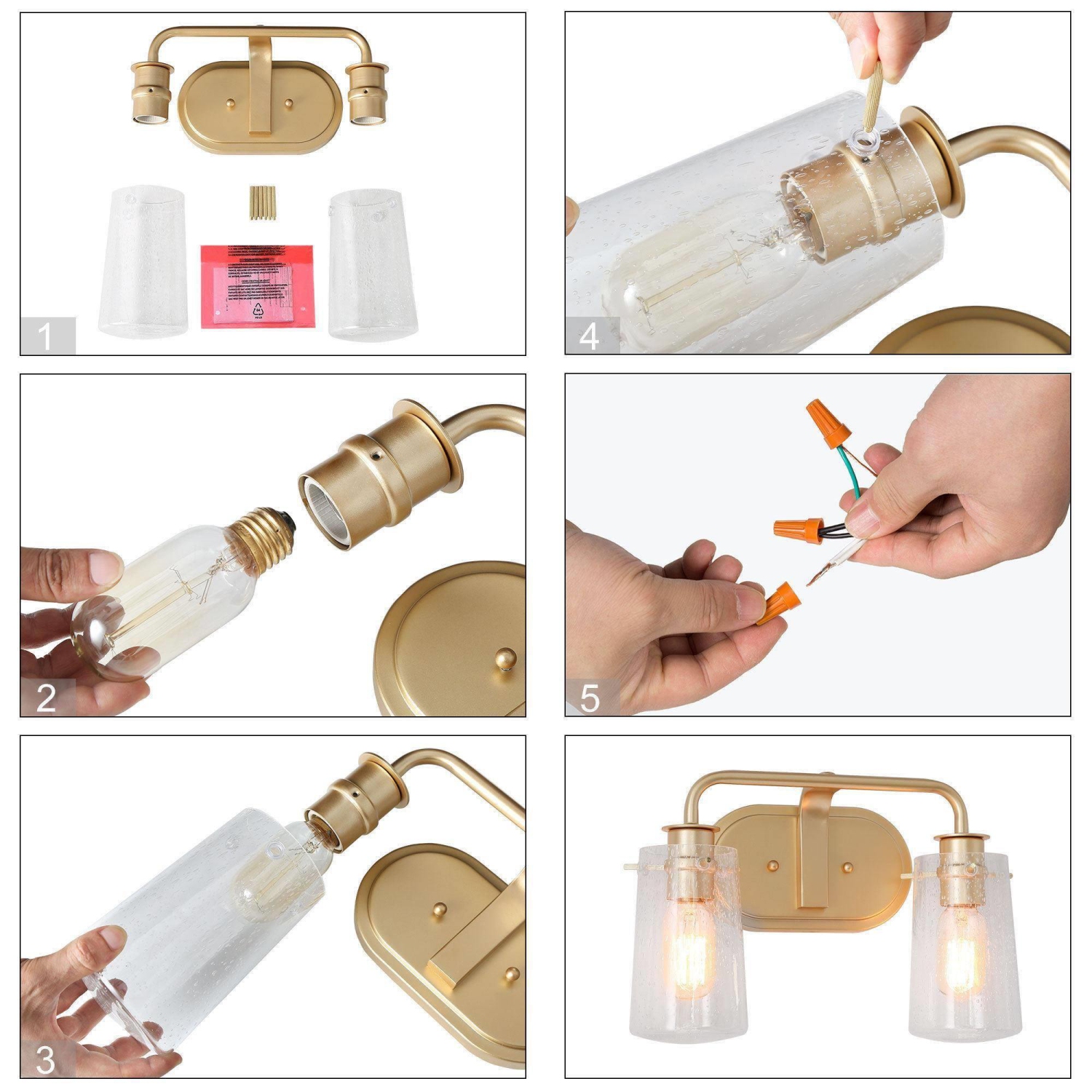 Modern Gold Bathroom Vanity Light, 13.5 in. 2-Light Gold Vanity Light with Seeded Glass Shades