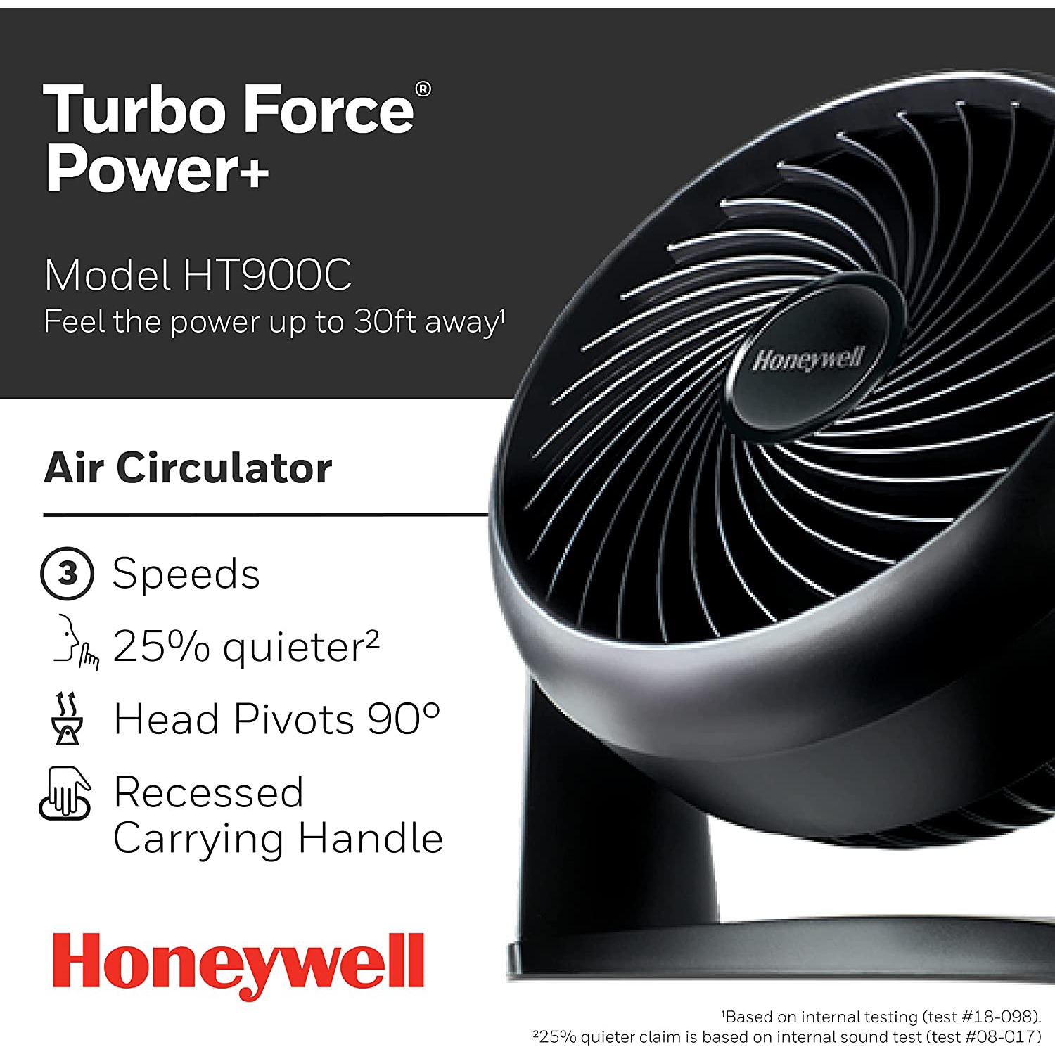 Honeywell HT900C 7" TurboForce® POWER+ Desk/Table Fan, Air Circulator for Small Bedroom, Portable, Wall Mountable, Energy Saving, 3 Speeds, Black