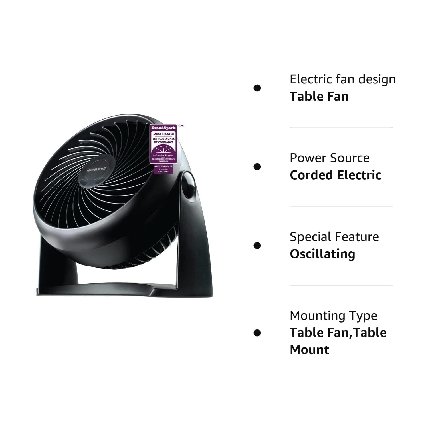 Honeywell HT900C 7" TurboForce® POWER+ Desk/Table Fan, Air Circulator for Small Bedroom, Portable, Wall Mountable, Energy Saving, 3 Speeds, Black