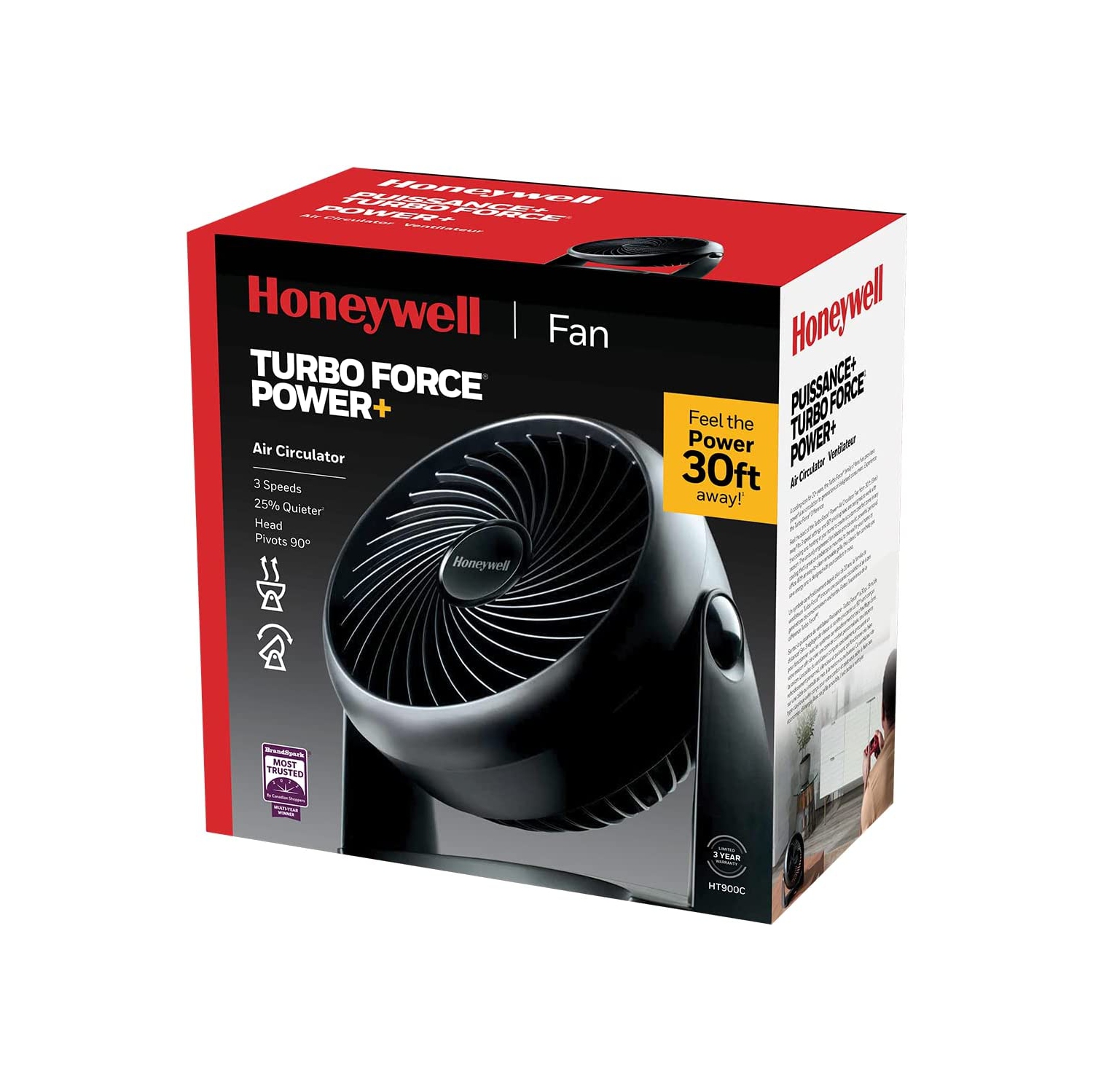 Honeywell HT900C 7" TurboForce® POWER+ Desk/Table Fan, Air Circulator for Small Bedroom, Portable, Wall Mountable, Energy Saving, 3 Speeds, Black