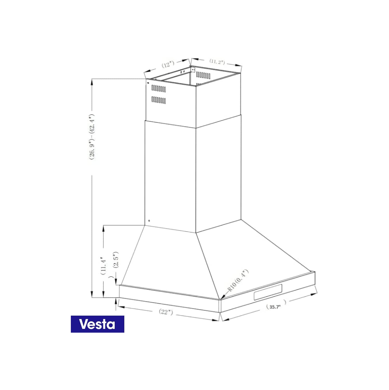 Vesta Brussels 800CFM 36’’ Stainless Steel Wall Mounted Range Hood With Powerful Motor, Touch/Gesture Control, 6’’ Top Vent, Baffle Filters, LED