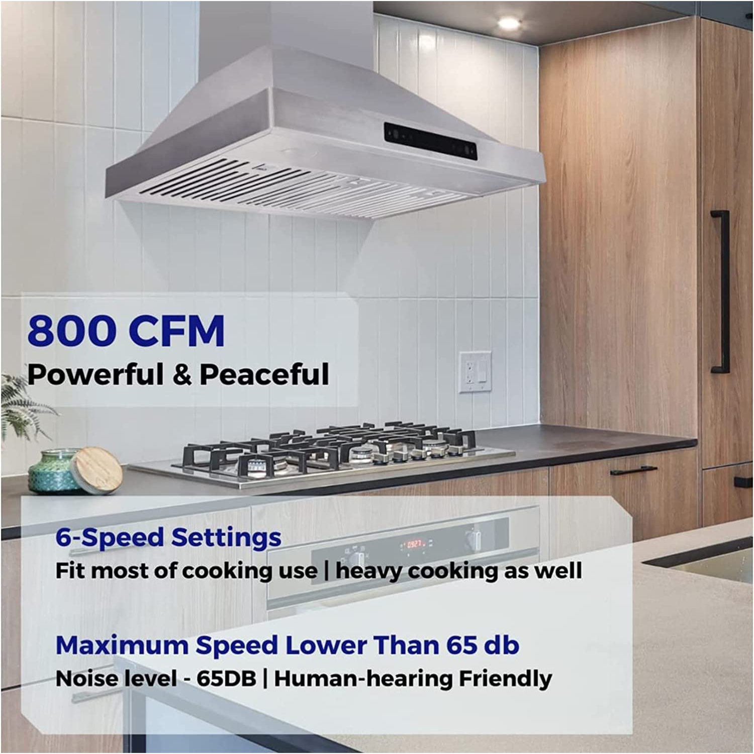 Vesta Brussels 800CFM 36’’ Stainless Steel Wall Mounted Range Hood With Powerful Motor, Touch/Gesture Control, 6’’ Top Vent, Baffle Filters, LED