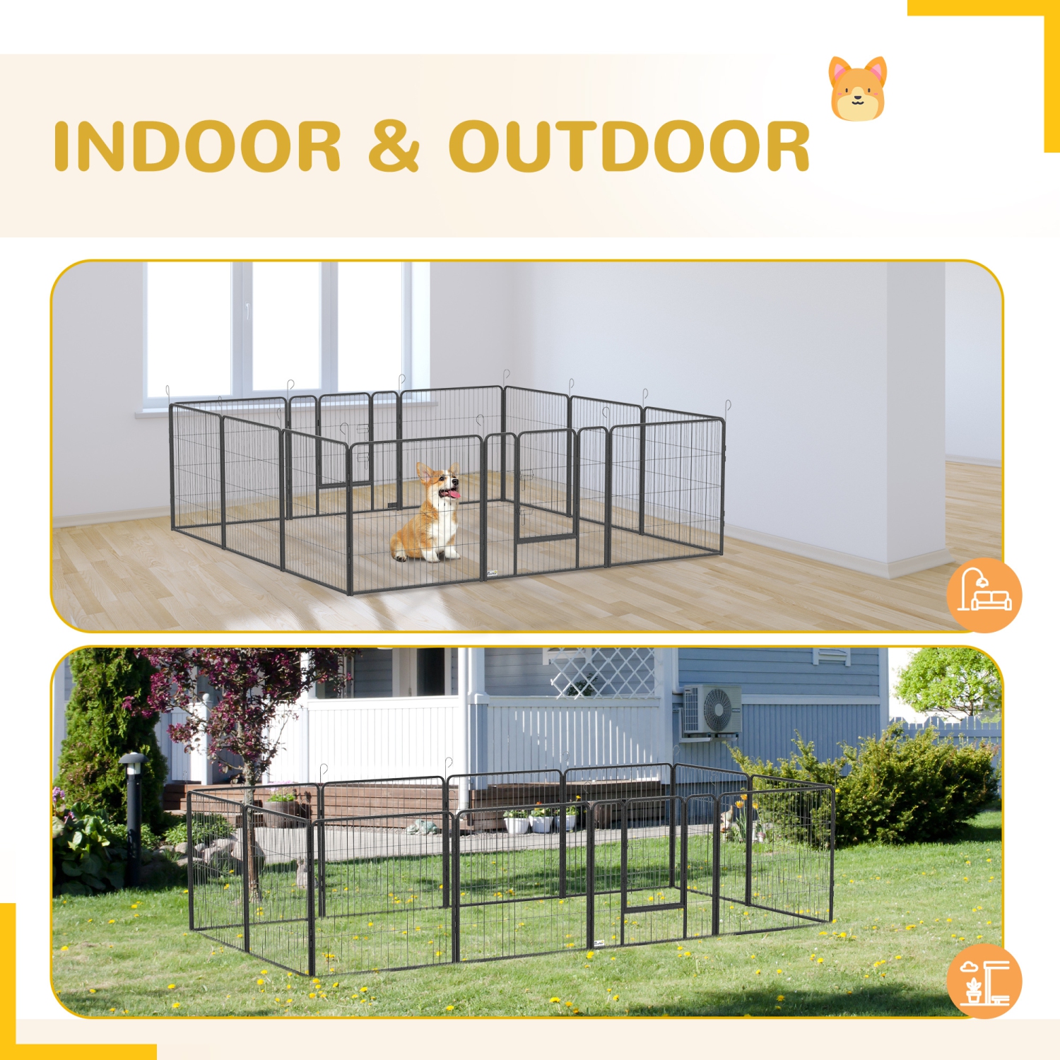 PawHut Dog Playpen, 31.5"W Heavy-Duty Metal Puppy Play Pen, Pet Exercise Fences for Outside and Indoor, DIY Design with Door for Medium Dogs, 24