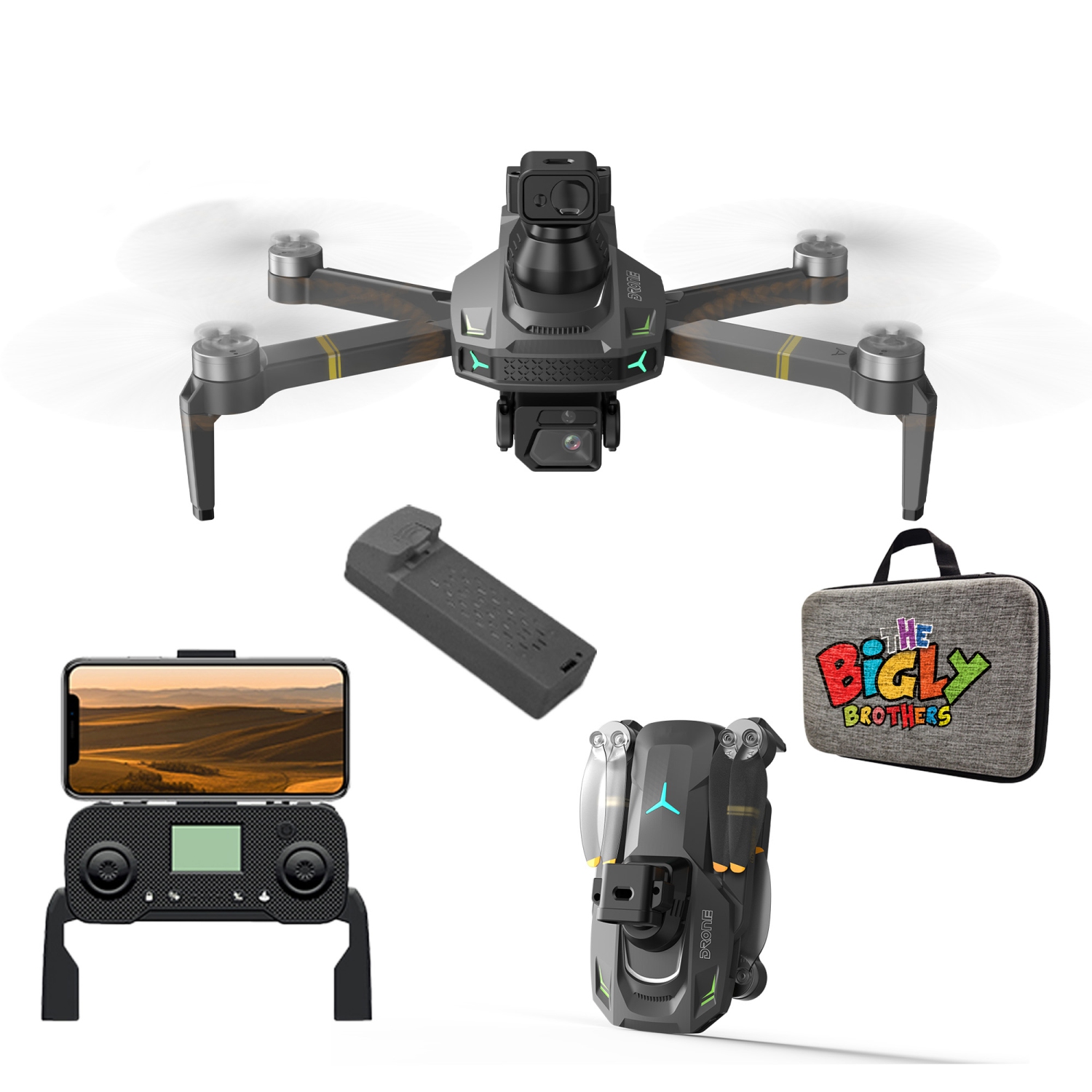 Open Box - The Bigly Brothers E59 Mark III Delta Black Superior Edition, GPS Drone, 249 Grams, 4k Camera, 1 Key Return Home, All Around Obstacle Avoidance, Case & 1 Batt Included